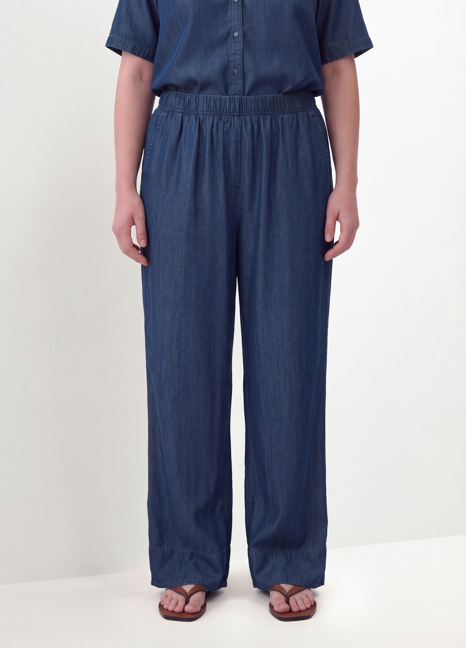 Blue pure lyocell trousers with elasticated waist, regular fit