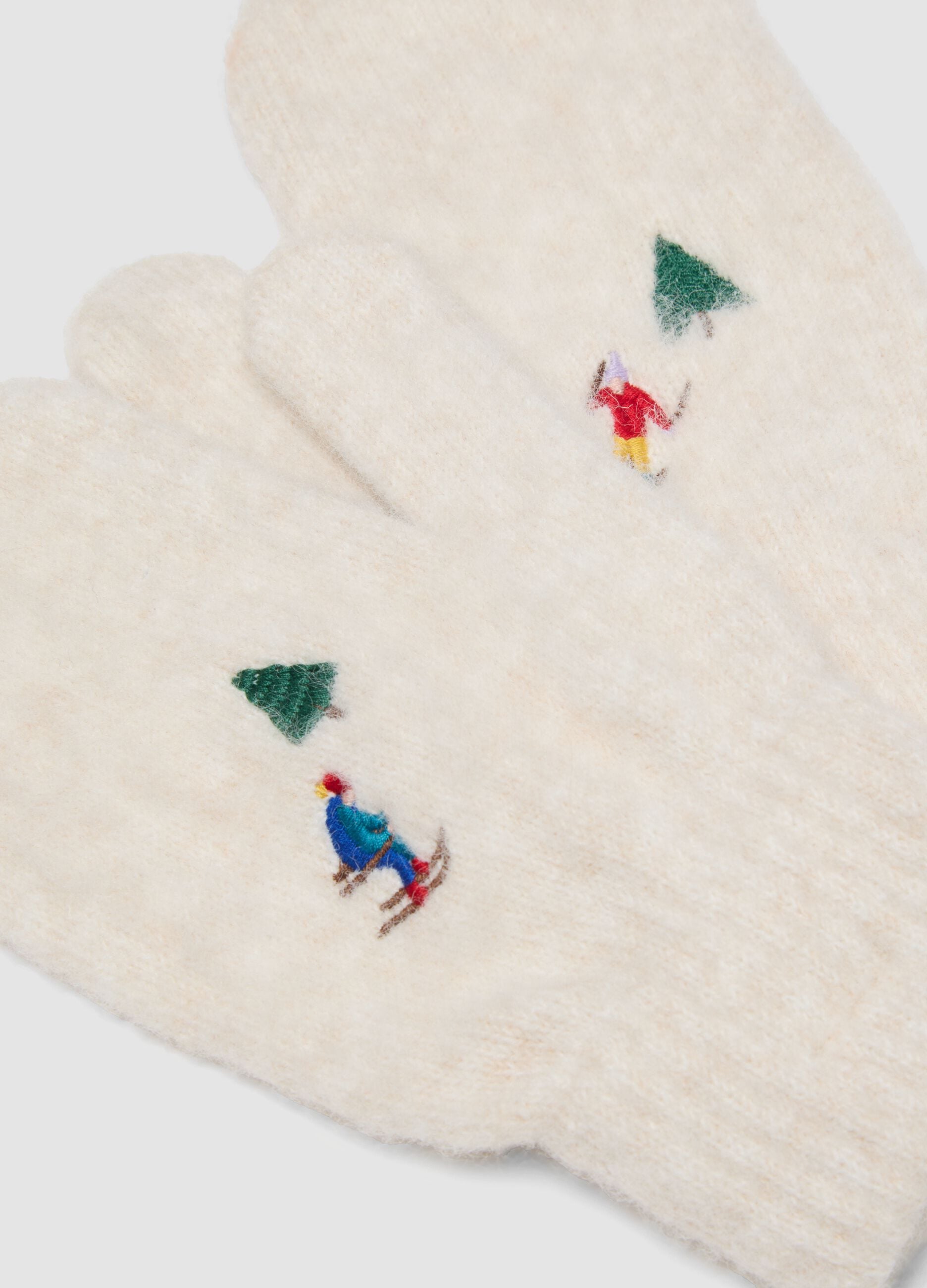 Beige stretch wool-blend gloves with ski embroidery