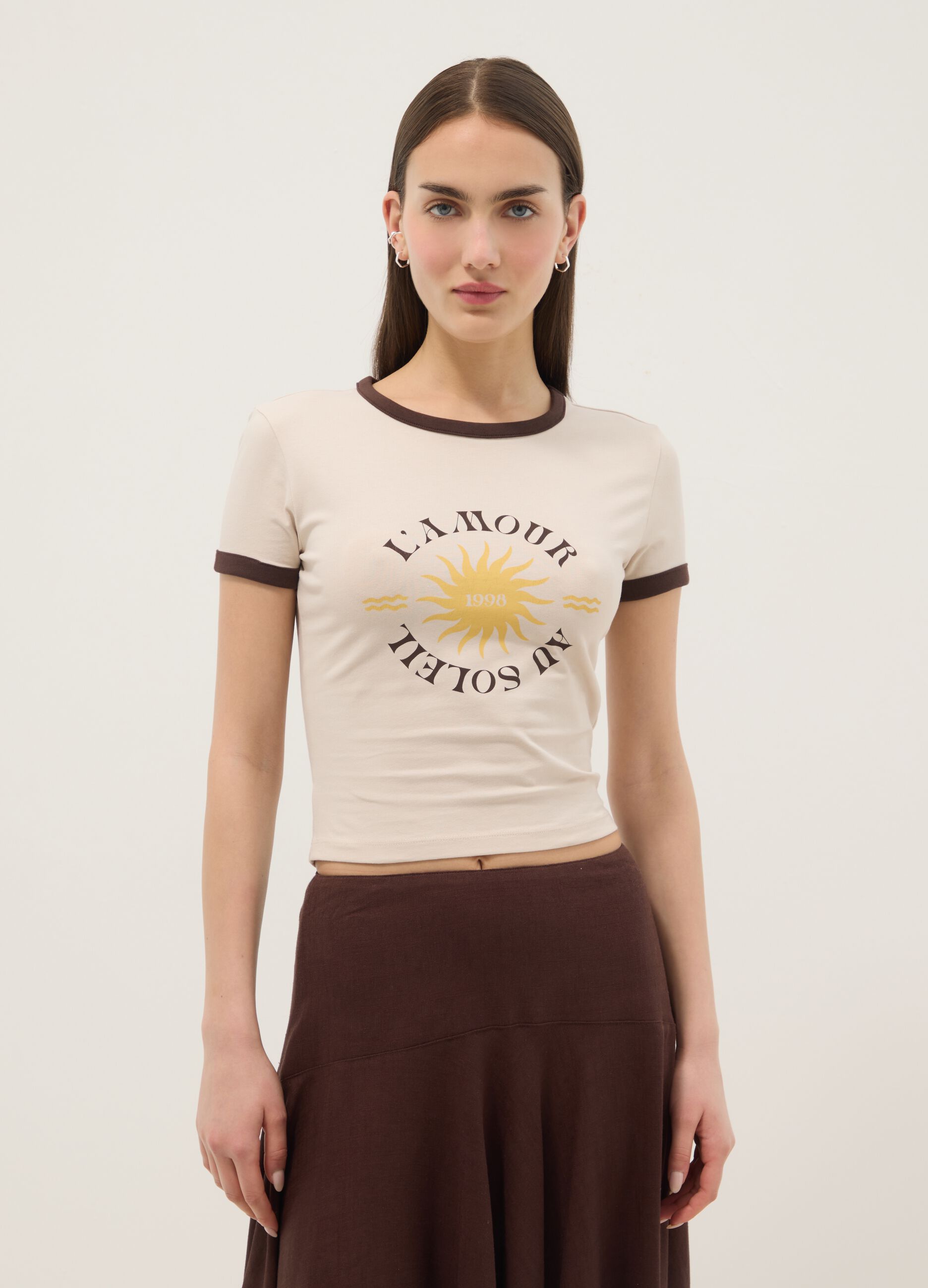 White stretch cotton regular-fit T-shirt with print