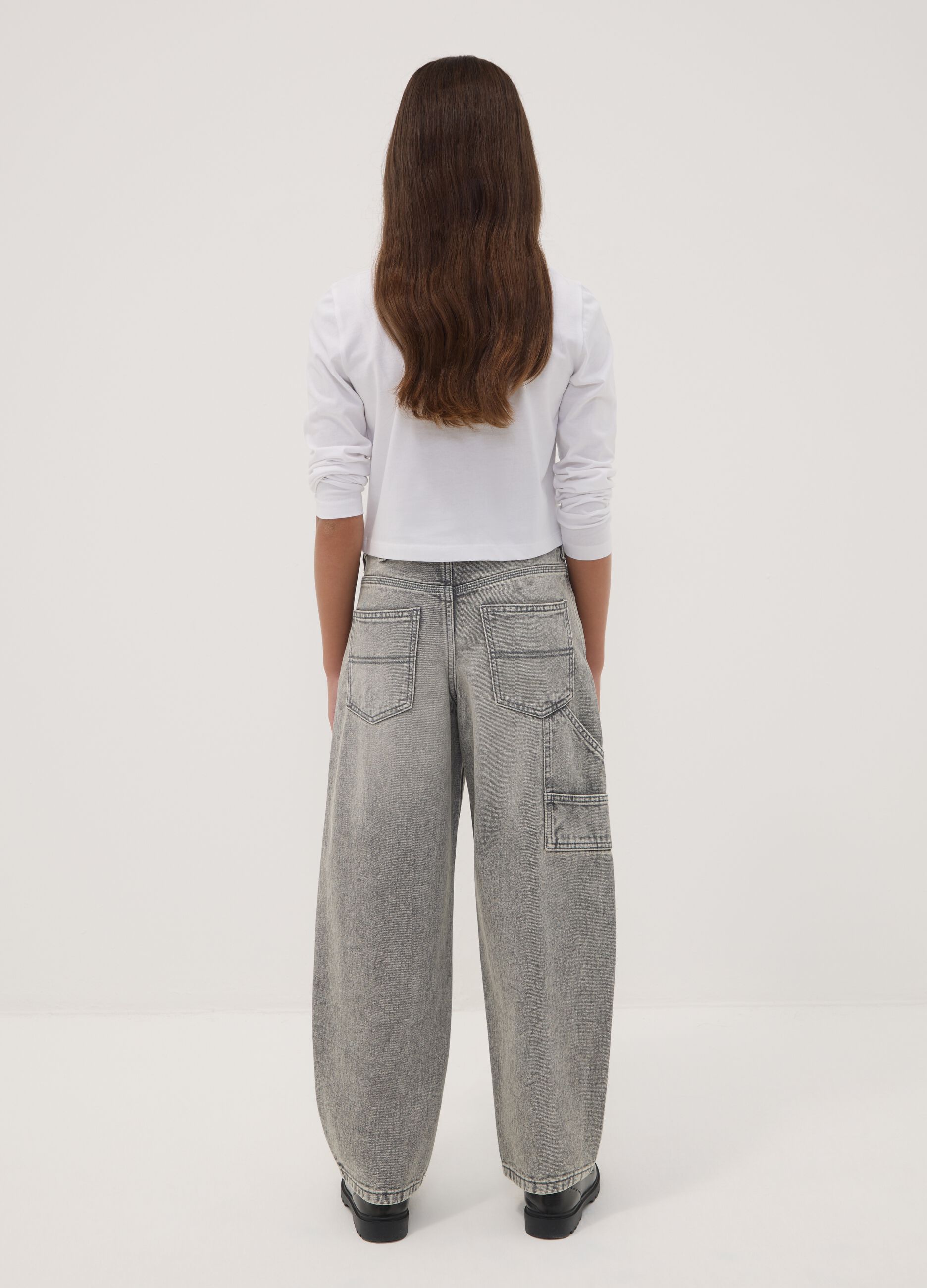 Grey pure cotton denim jeans, balloon fit