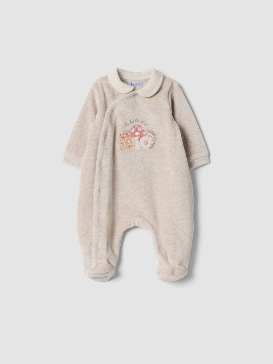 Brown organic cotton-blend sleepsuit with woodland animal embroidery_0