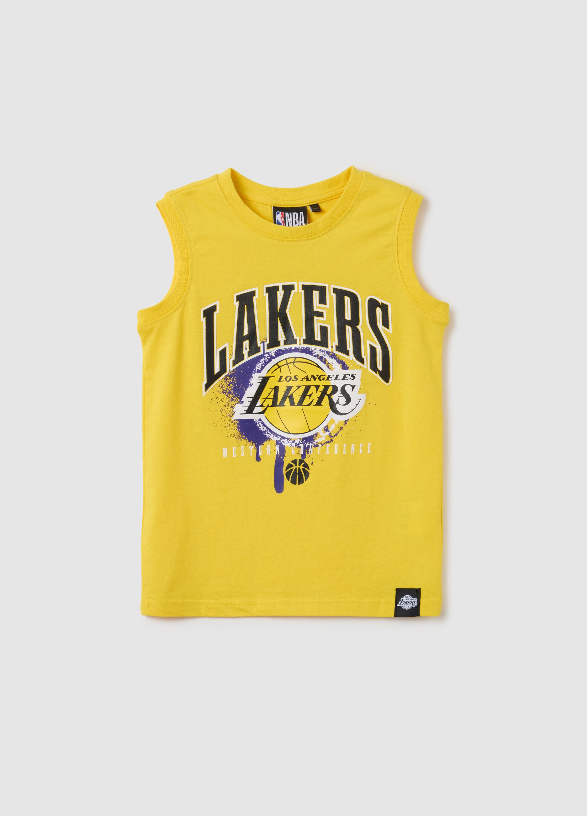Yellow regular fit pure cotton kids' tank top with Los Angeles Lakers print