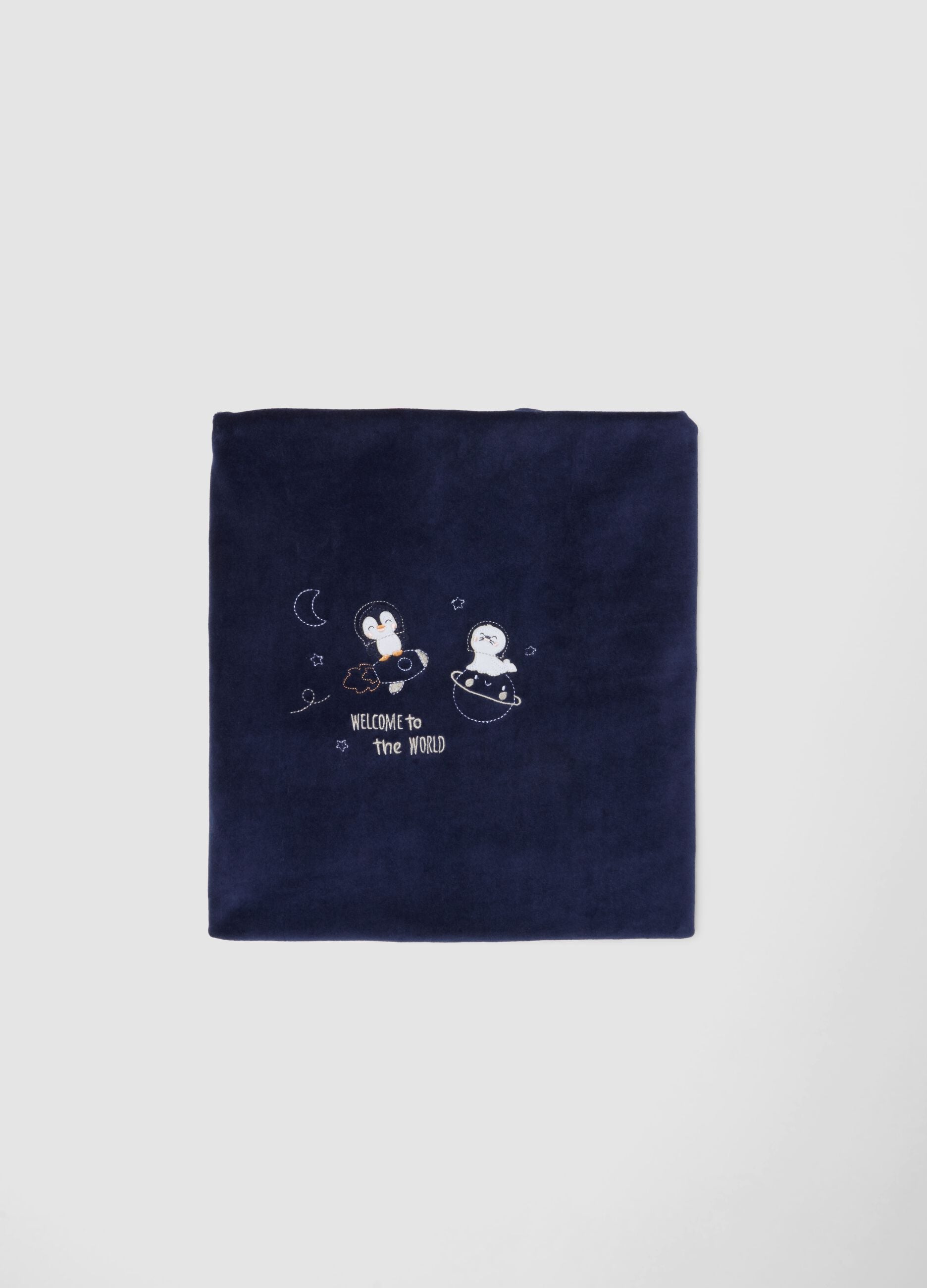 Blue organic cotton-blend baby blanket with print