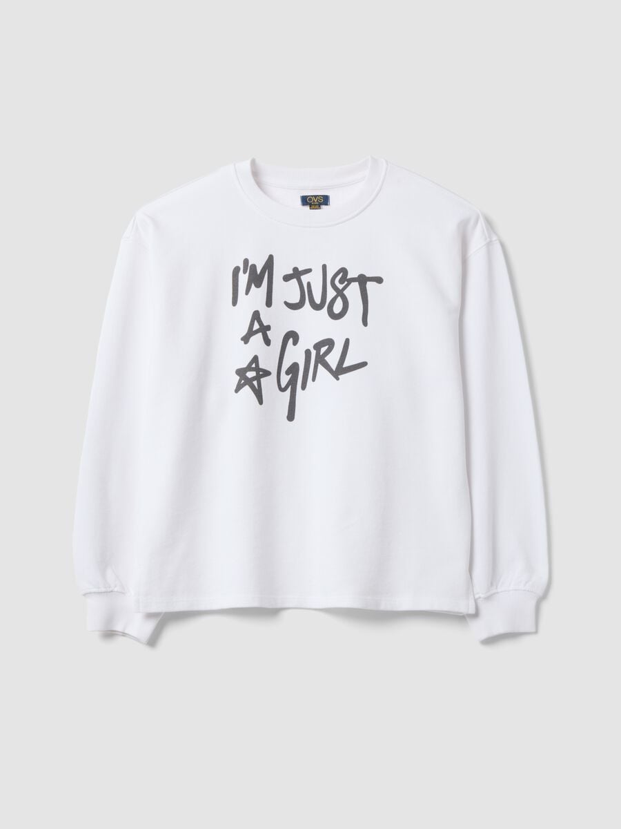 Felpa bianca in puro cotone con scritta frontale relaxed fit per ragazza_0
