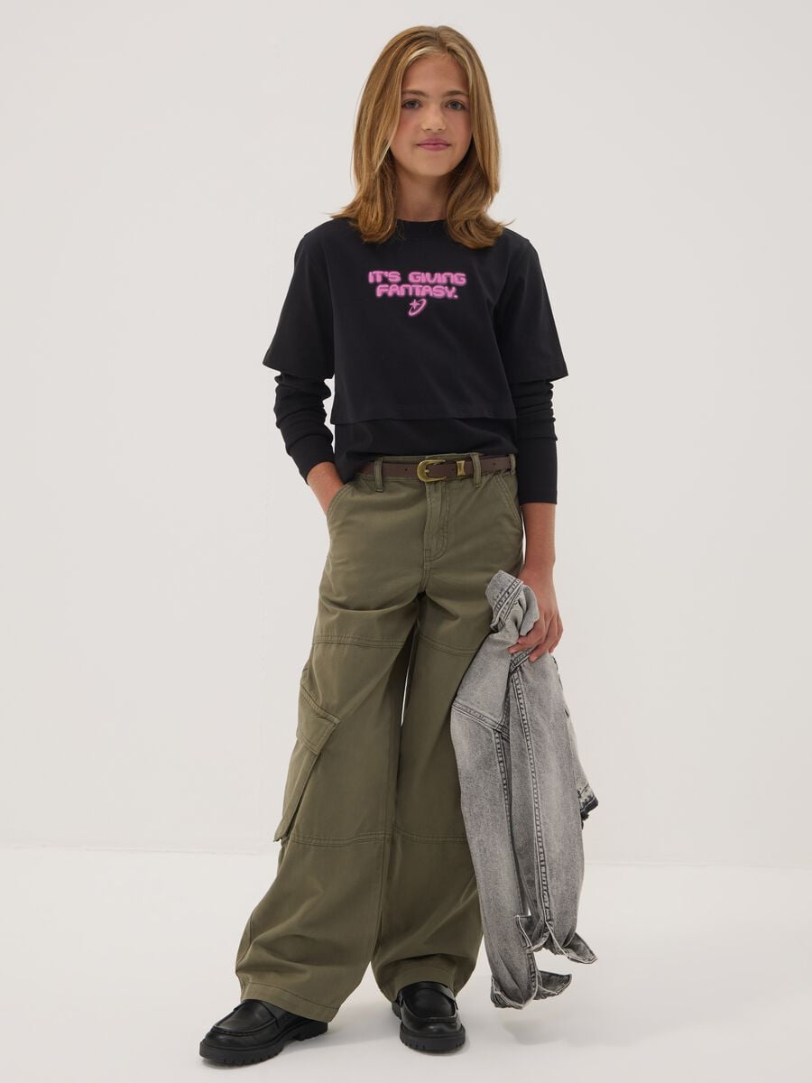 Pantaloni cargo verdi in puro cotone straight fit per ragazza_0