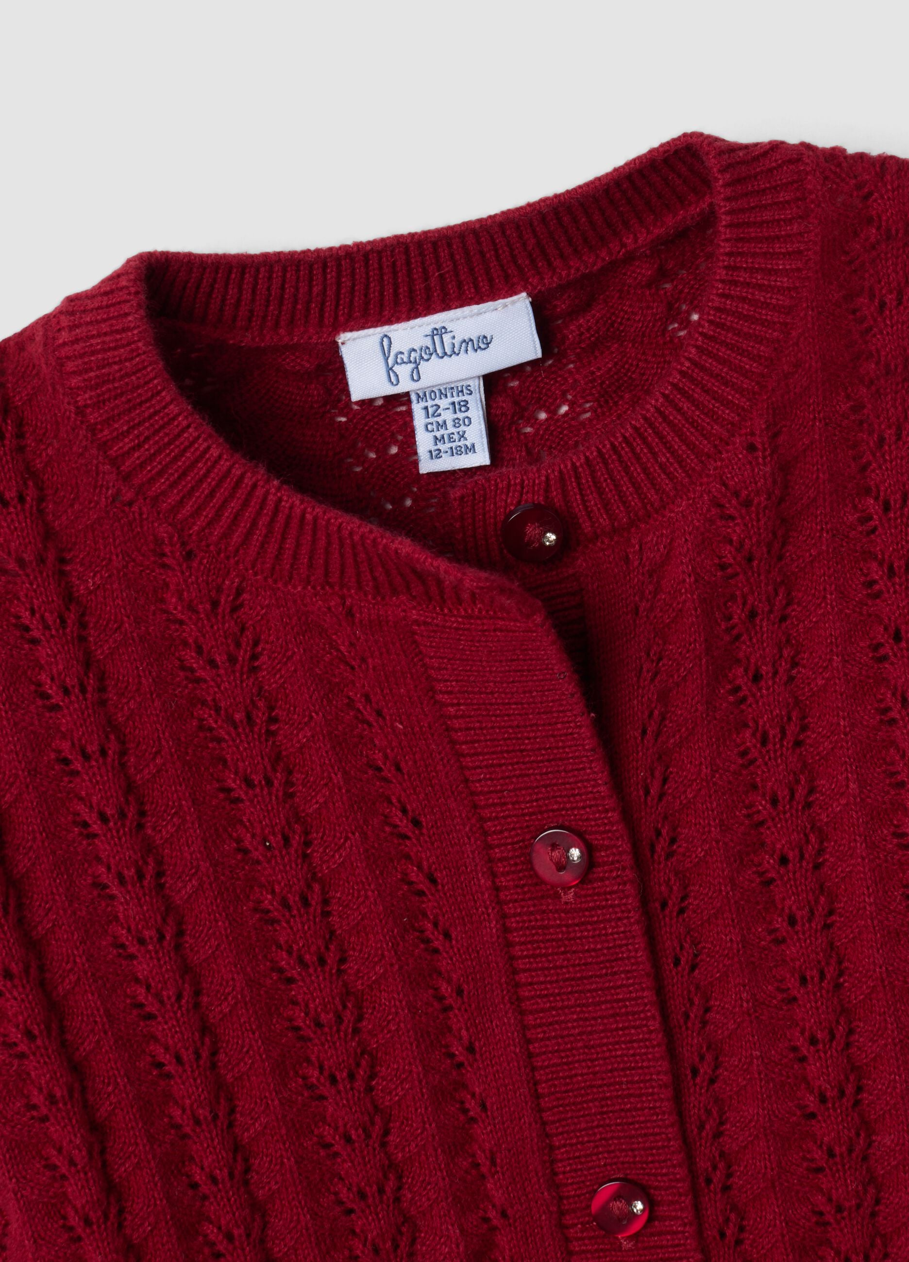 Cardigan rosso in puro cotone a maglia traforata per bimba