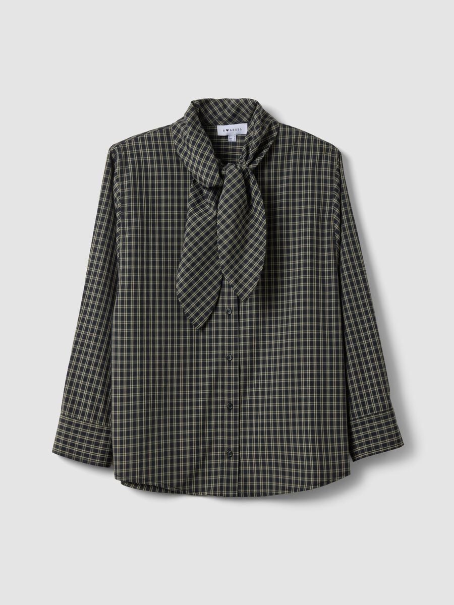 Camicia over nera in misto cotone a quadri con fiocco_0
