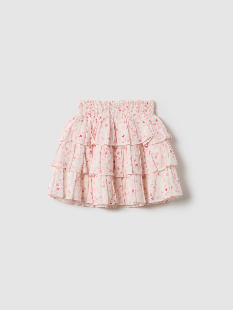 Girls' Multicolour Pure Cotton Tiered Skirt with Floral Pattern_1