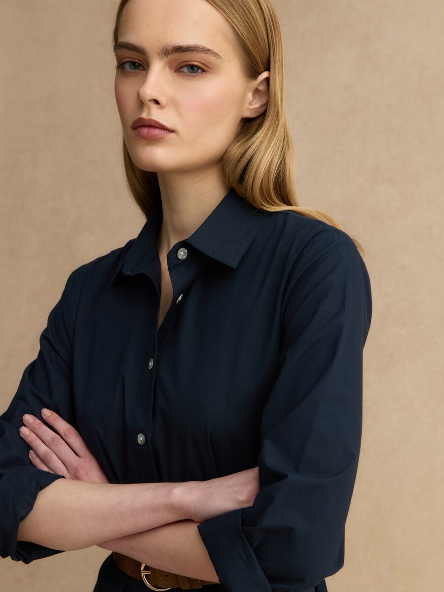 Abito lungo blu in puro cotone regular fit con ricami_1