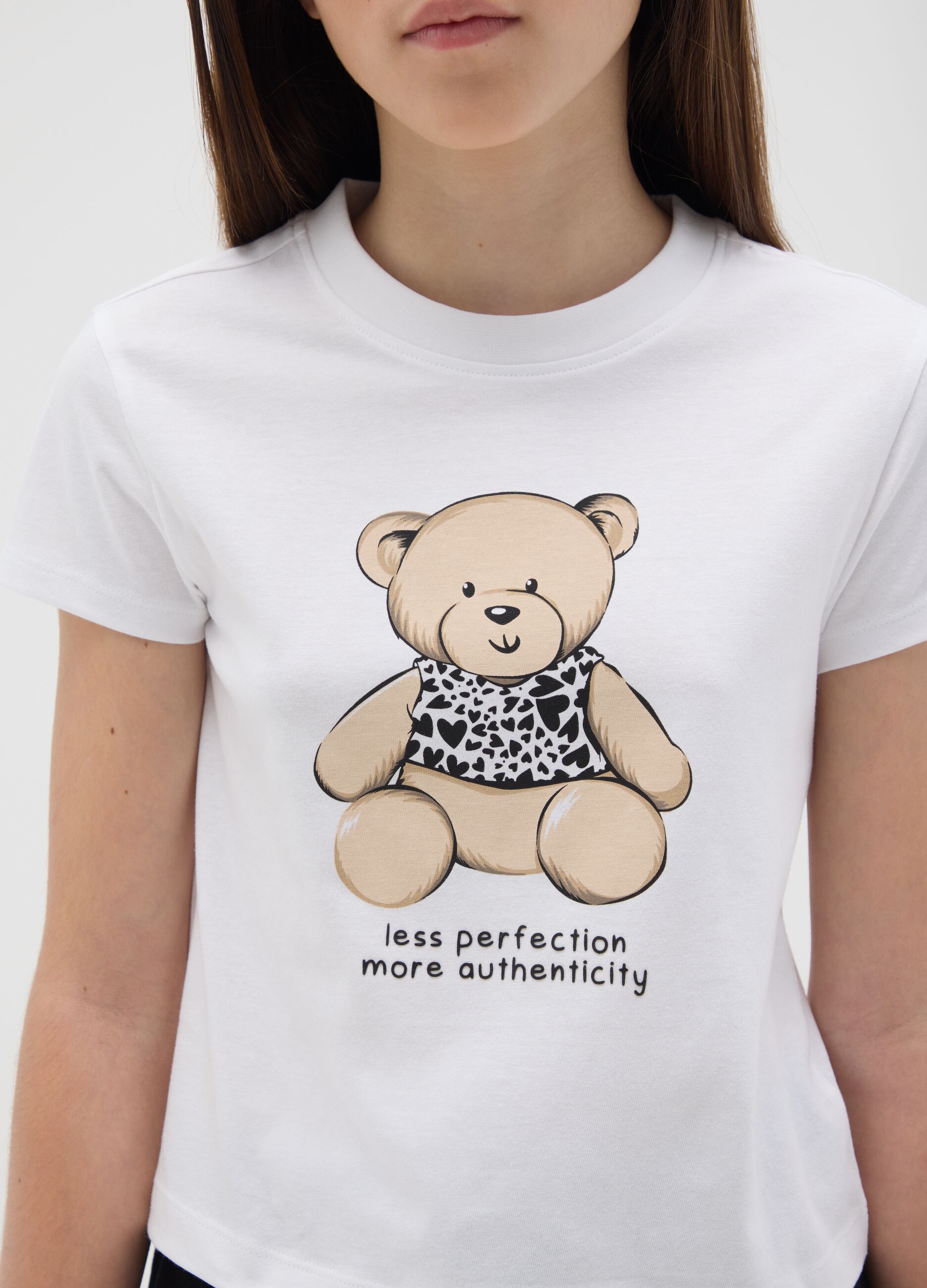 Girls' white pure cotton T-shirt with regular fit