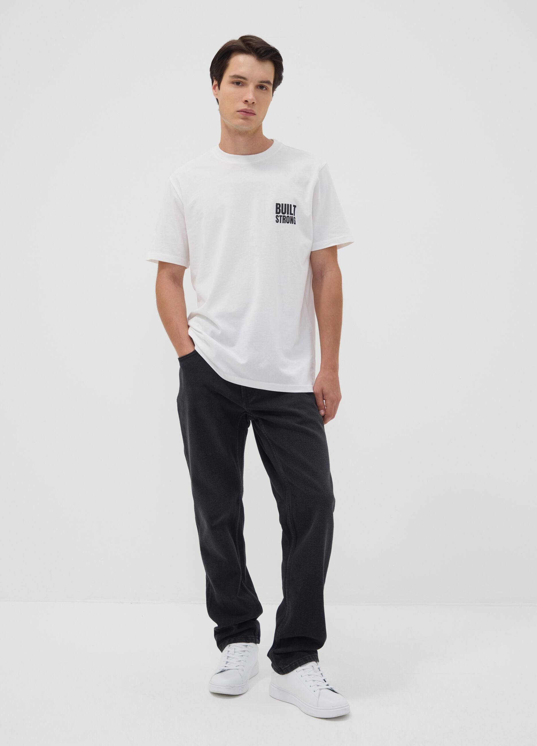 White pure cotton jersey T-shirt with graphic print, regular fit