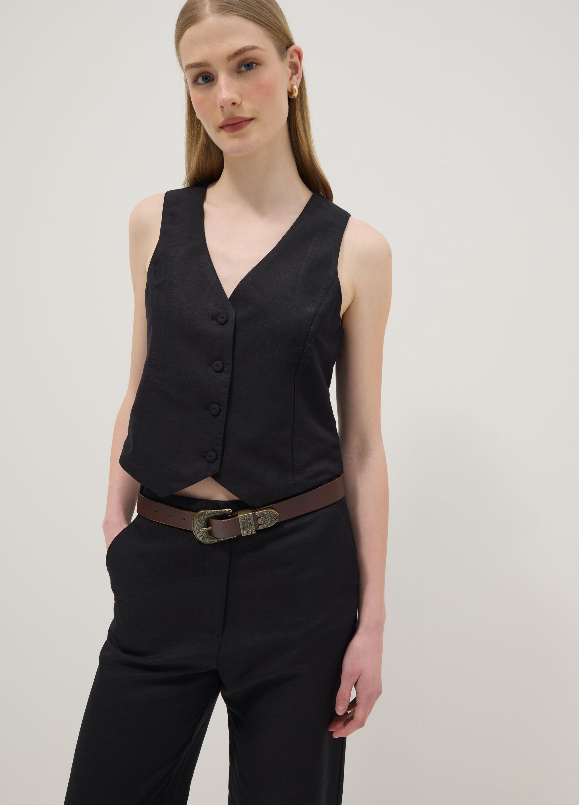 Black linen-blend slim-fit waistcoat with buttons