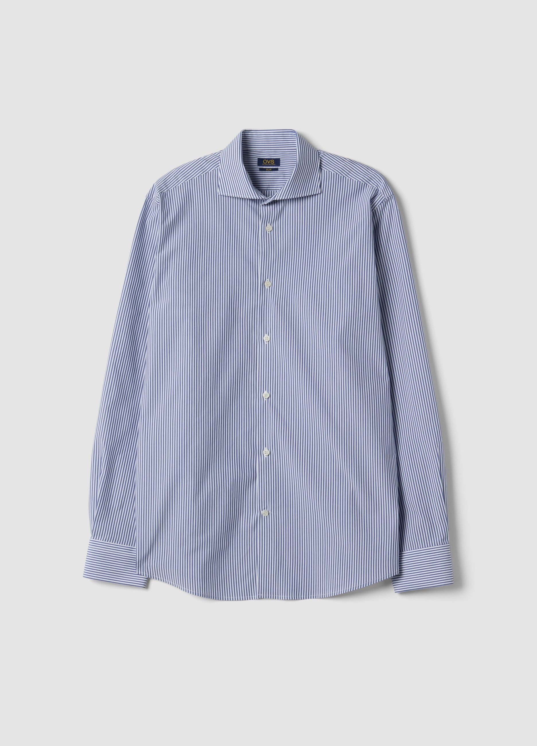 Blue striped lyocell-blend shirt with French collar, easy iron