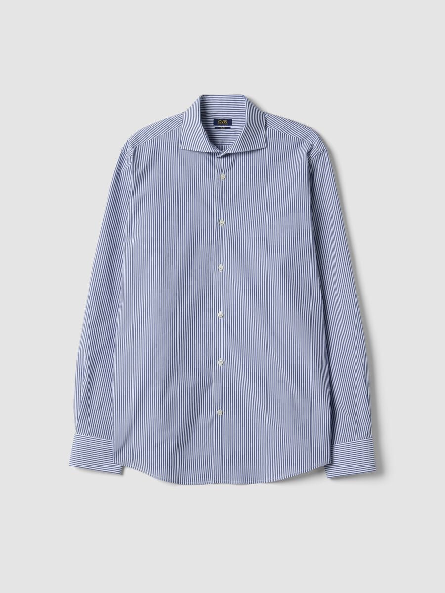 Camicia blu a righe in misto lyocell con collo francese easy iron_0