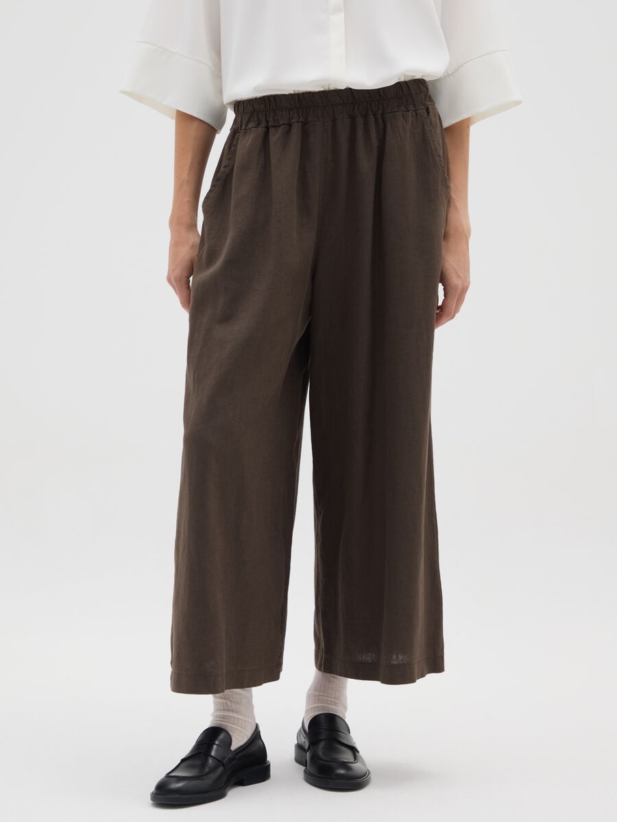 Brown wide-leg linen blend trousers_1