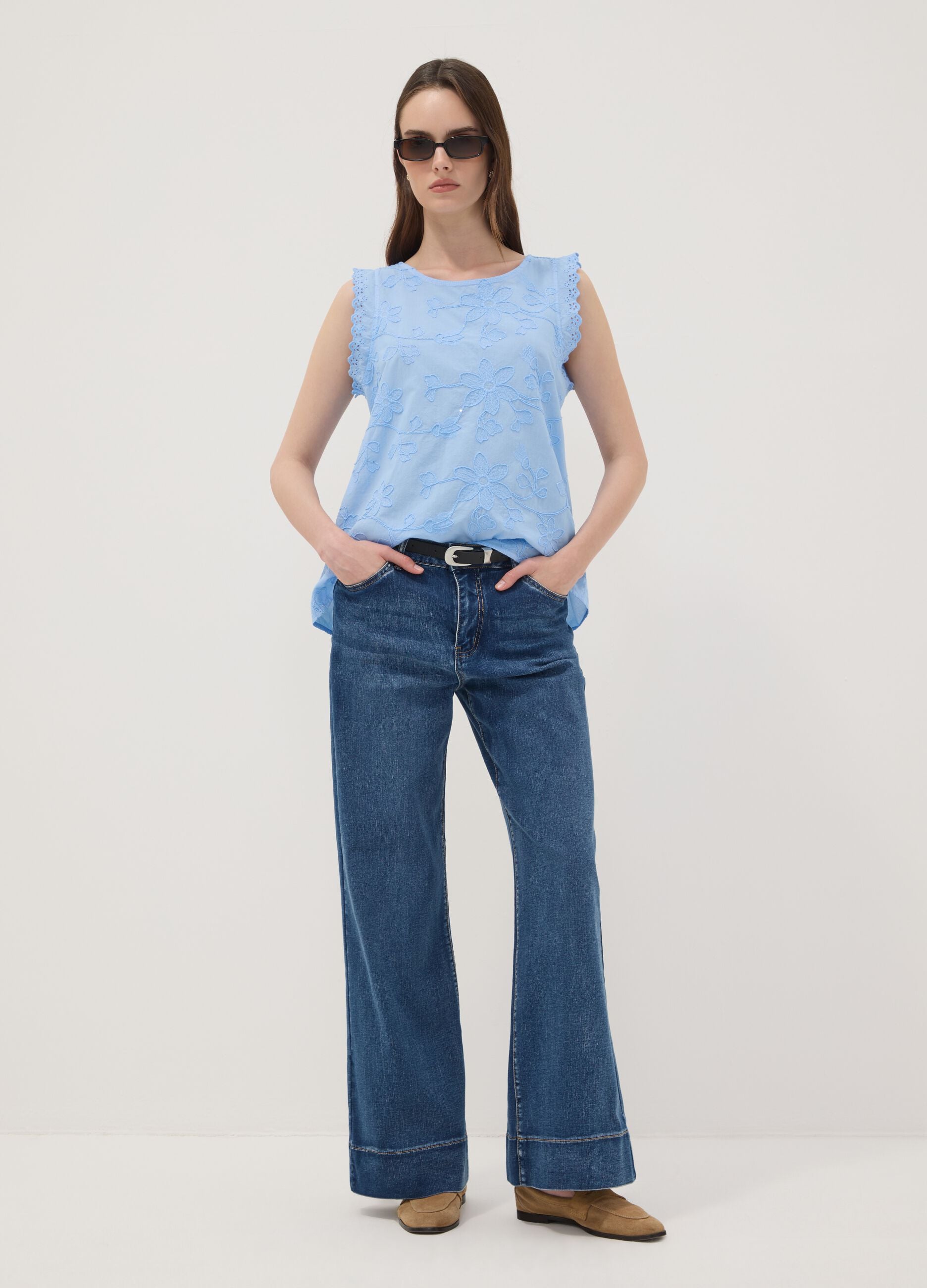 Sky-Blue Pure Cotton Blouse with Floral Embroidery, Regular Fit