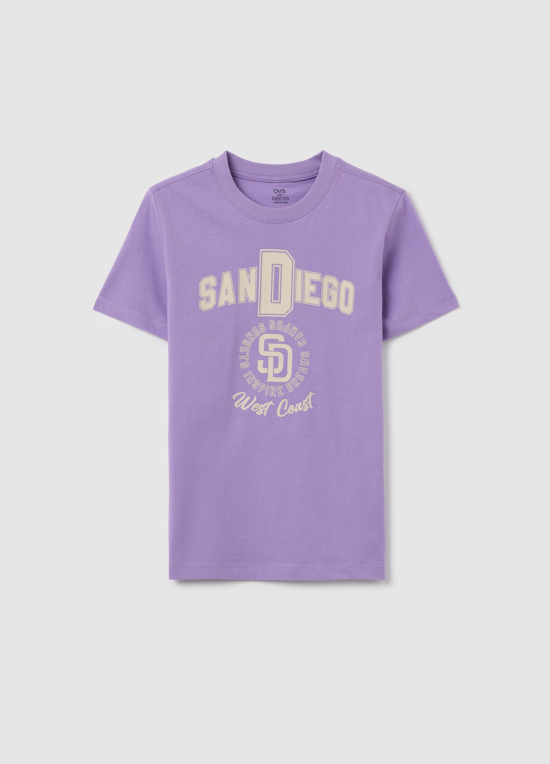 T-shirt viola in cotone bio con stampa lettering