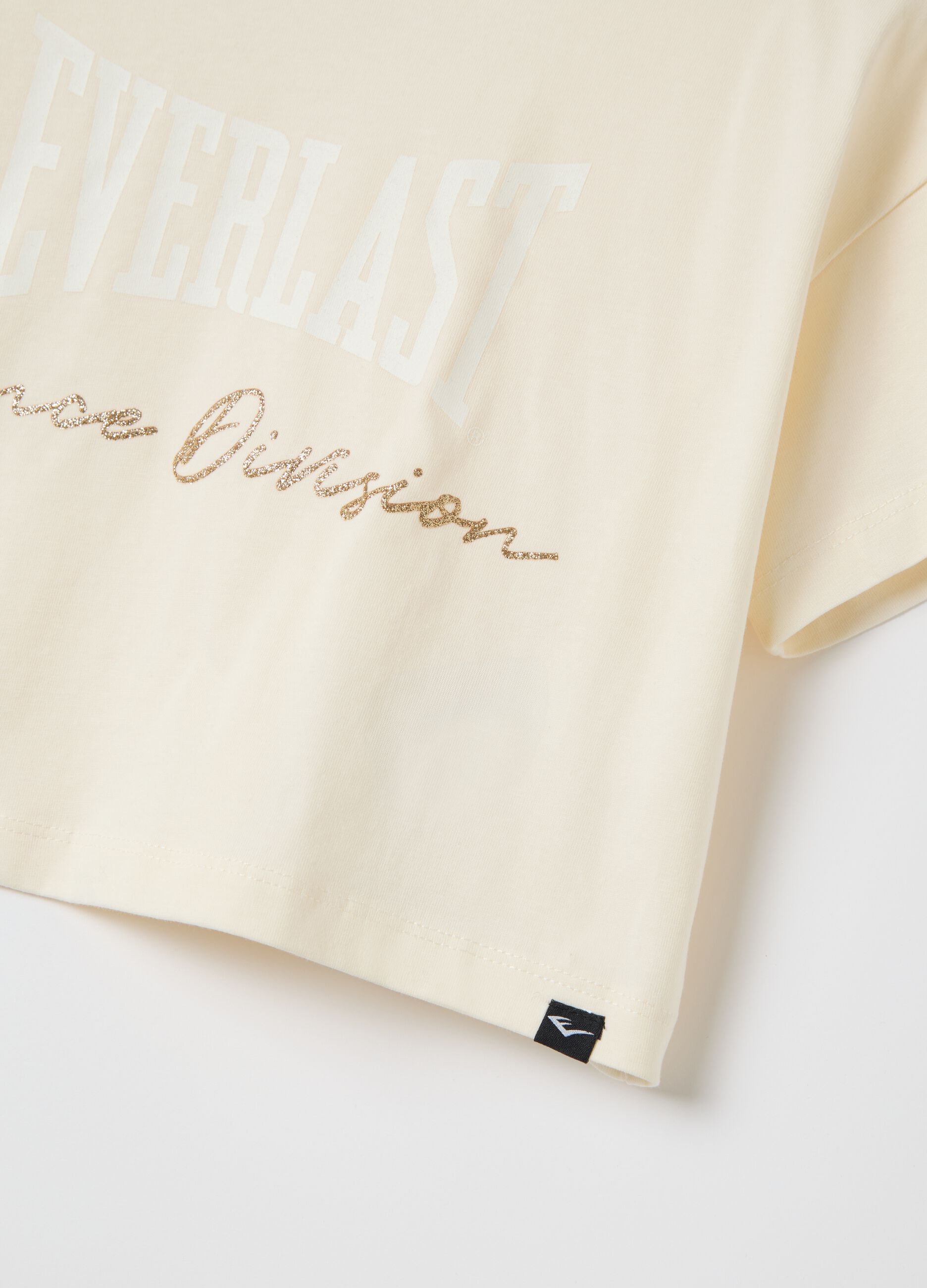 Beige crop T-shirt with logo print and glitter details