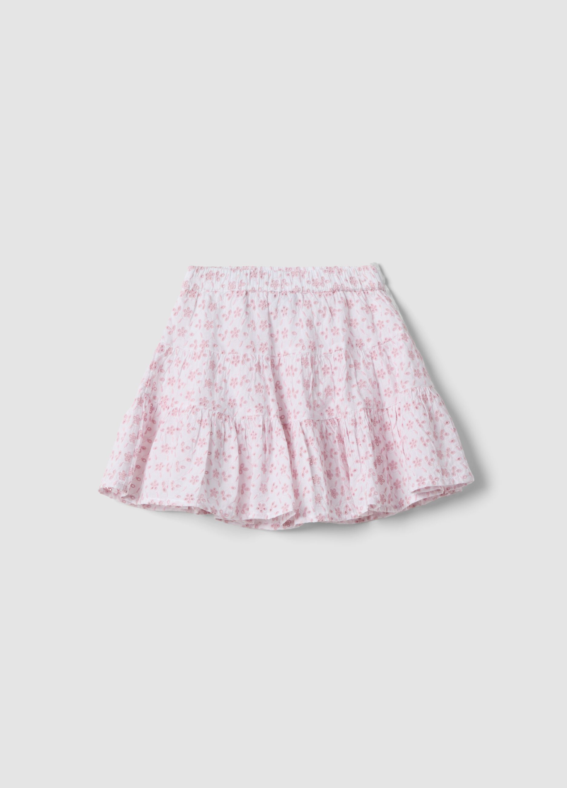 Pink mini skirt in pure cotton with Broderie Anglaise embroidery