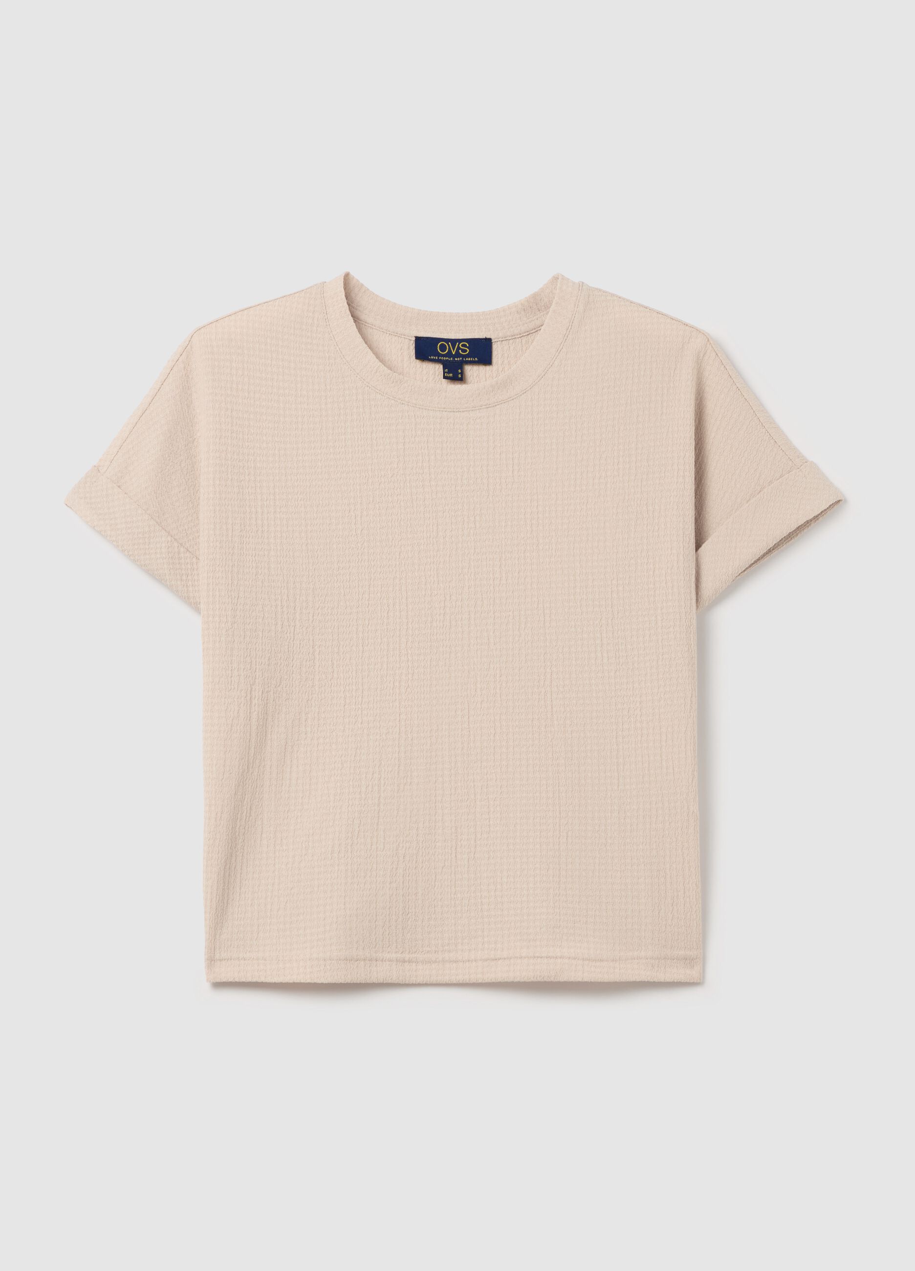 Beige short-sleeved T-shirt with waffle weave
