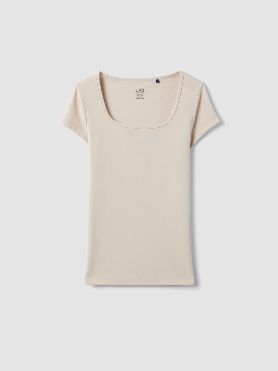 T-shirt fitted in cotone elasticizzato beige con scollo quadrato_4