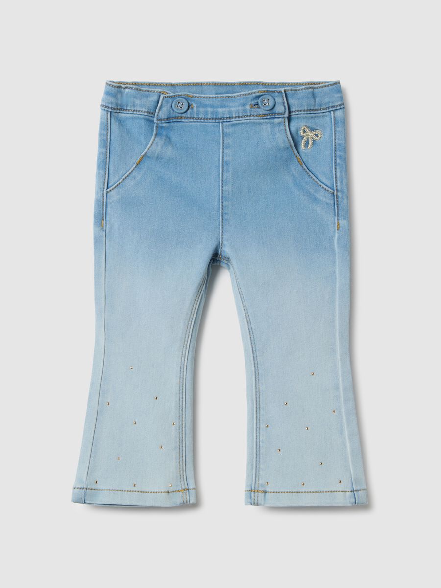 Blue cotton blend flare jeggings for girls with embroidery_0