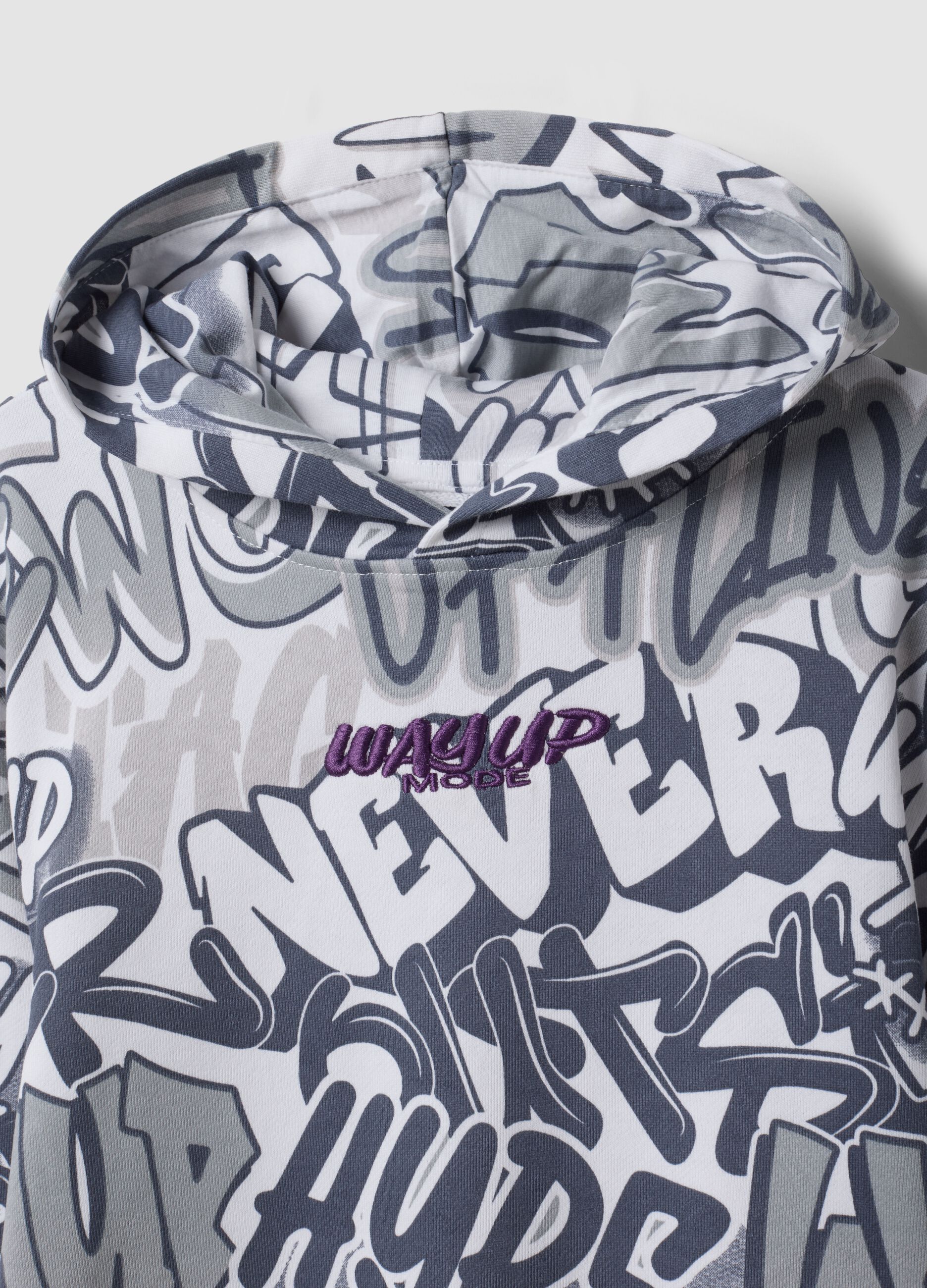 White cotton-blend hoodie with all-over graffiti print for boys