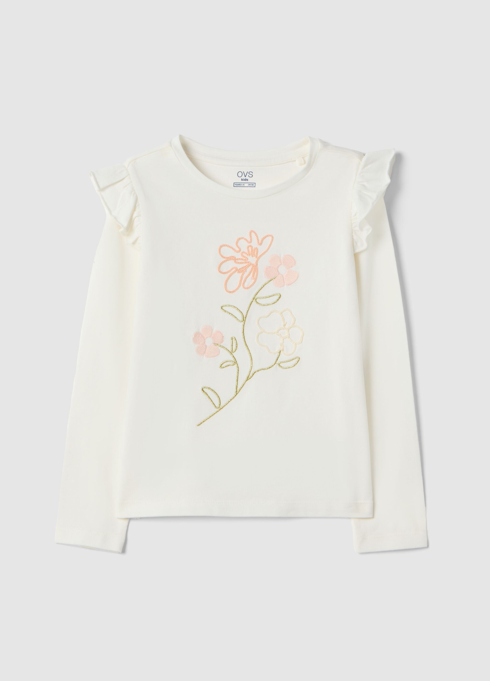 Girl's white stretch cotton T-shirt with floral embroidery