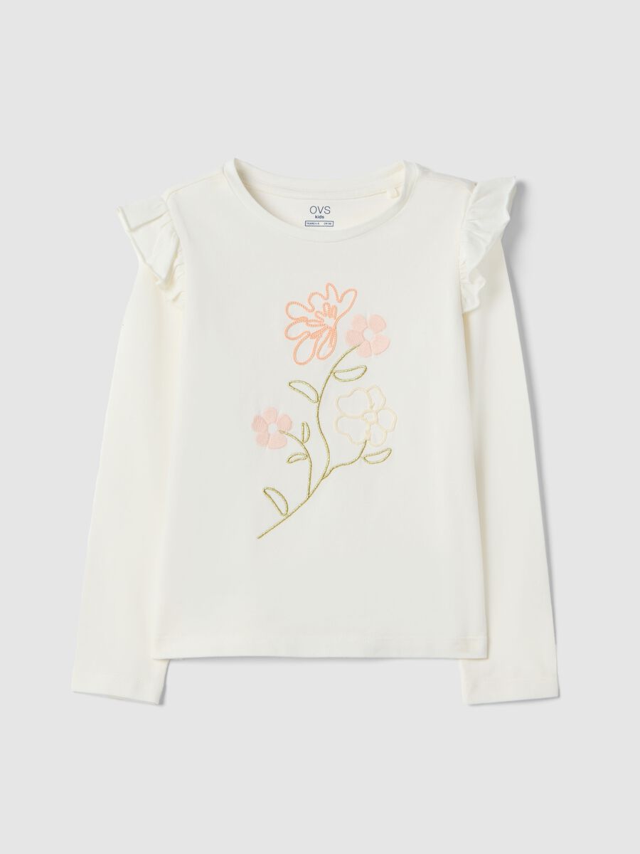 Girl's white stretch cotton T-shirt with floral embroidery_0