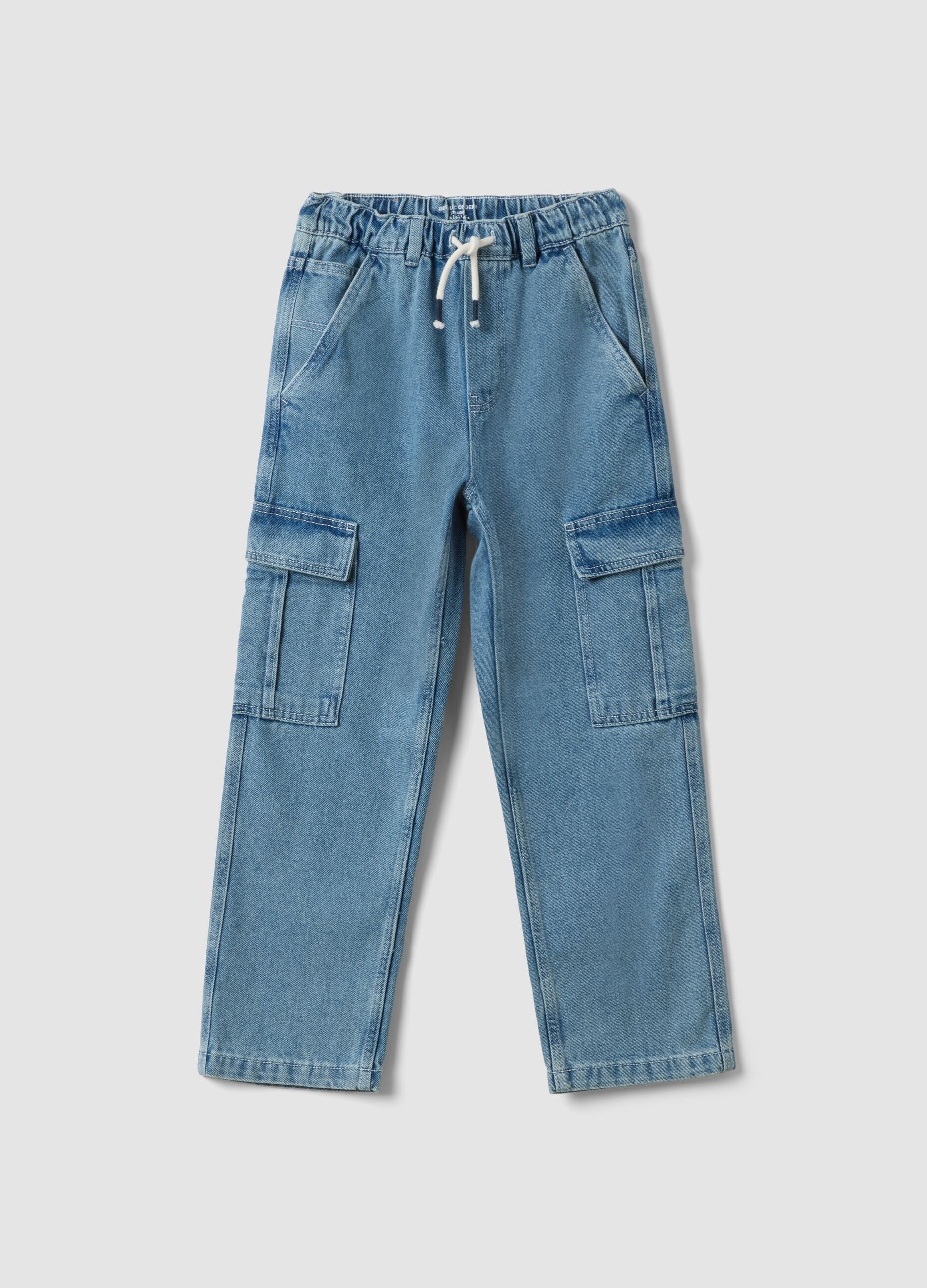 Jeans cargo denim azzurro in misto cotone e viscosa straight fit