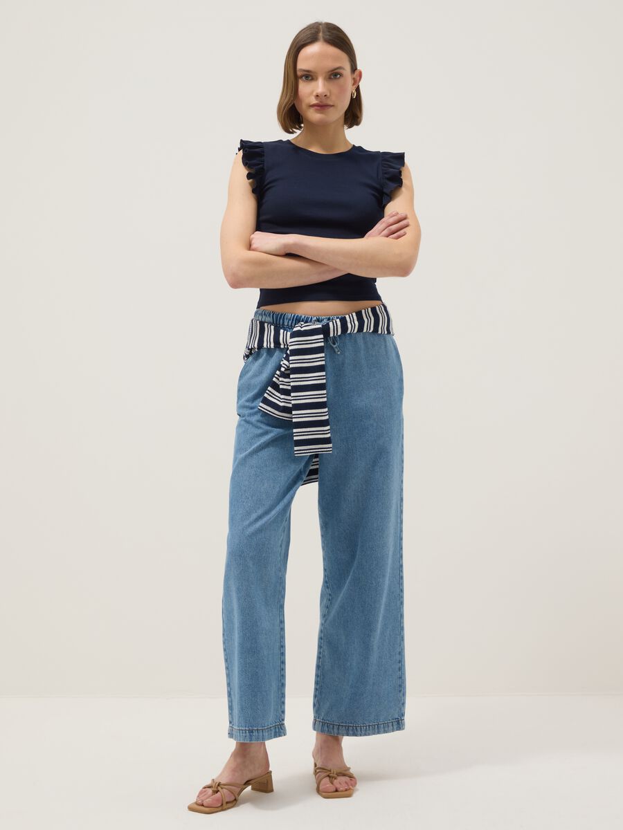 Slim fit blue pure cotton T-shirt with ruffles_1