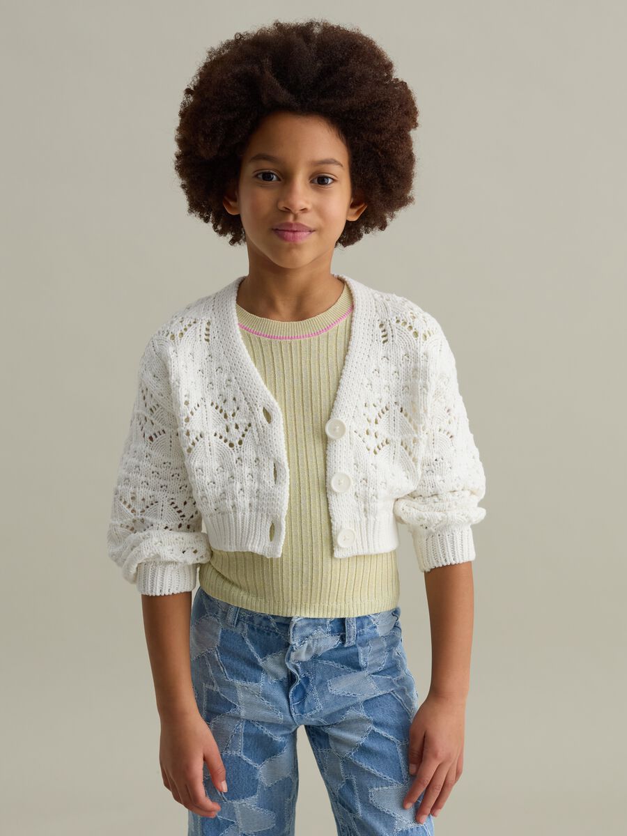 Cardigan with V neck and openwork design_0