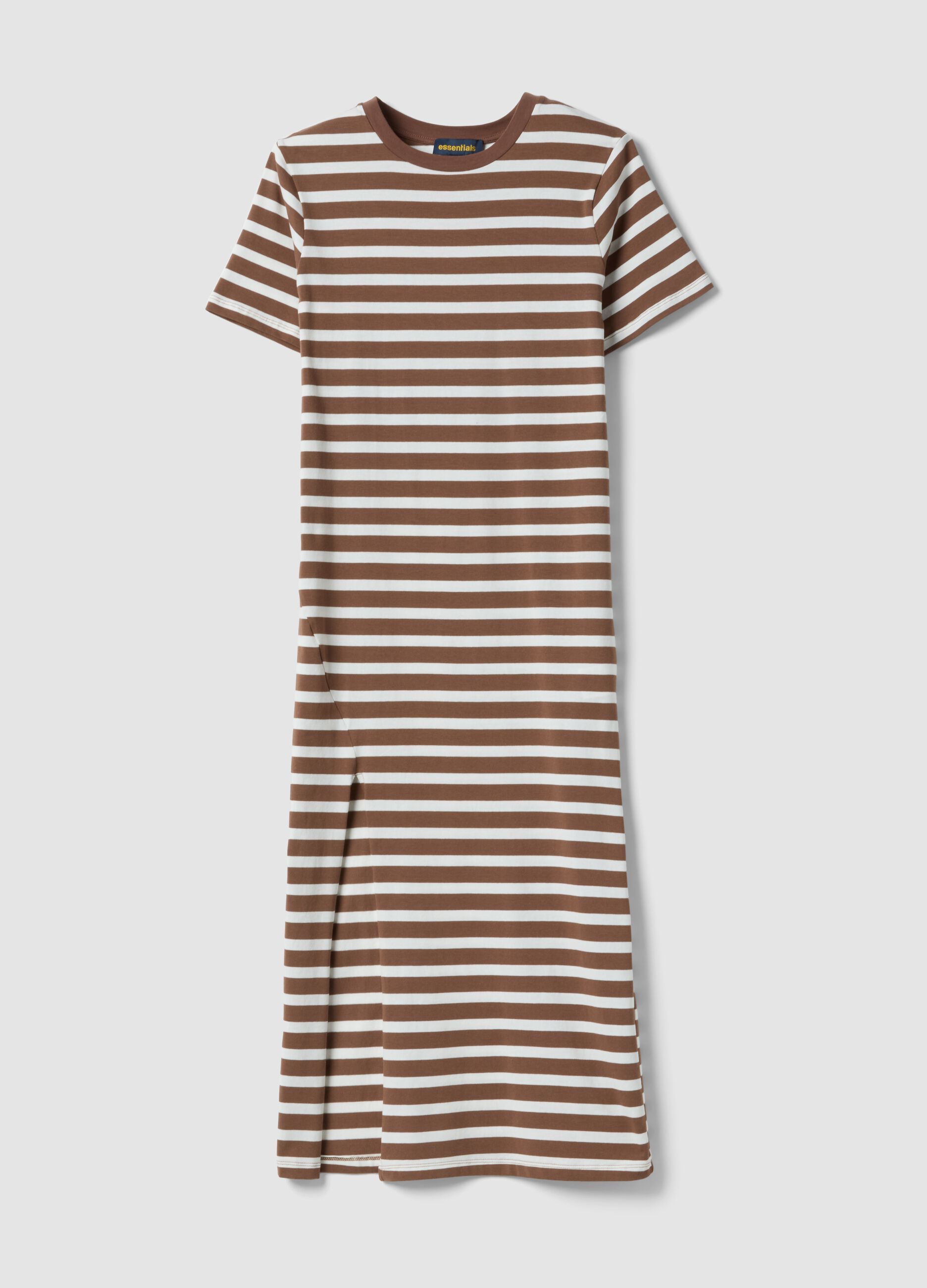 Abito midi marrone in cotone elasticizzato a righe