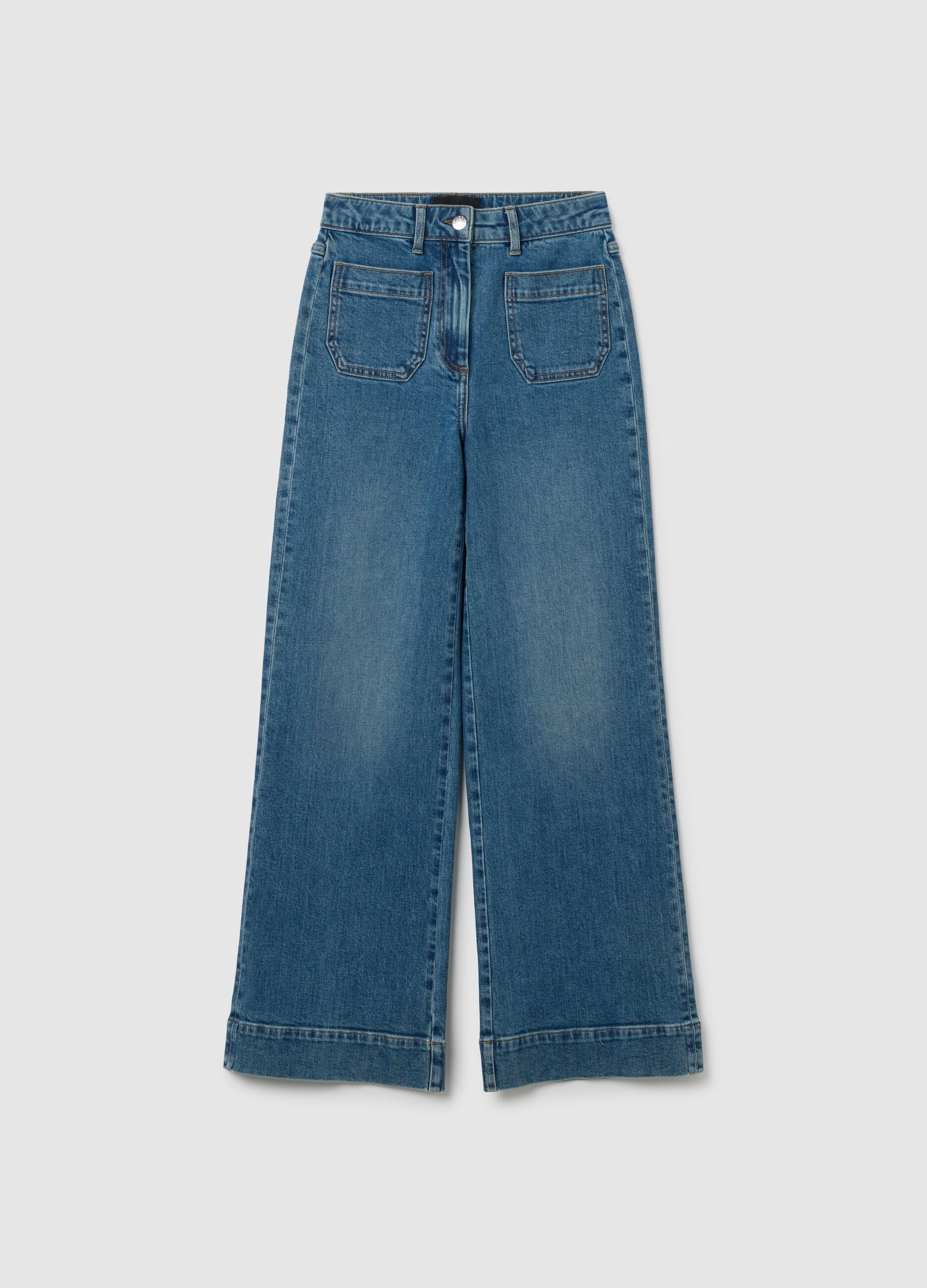 Blue stretchy denim wide leg trousers
