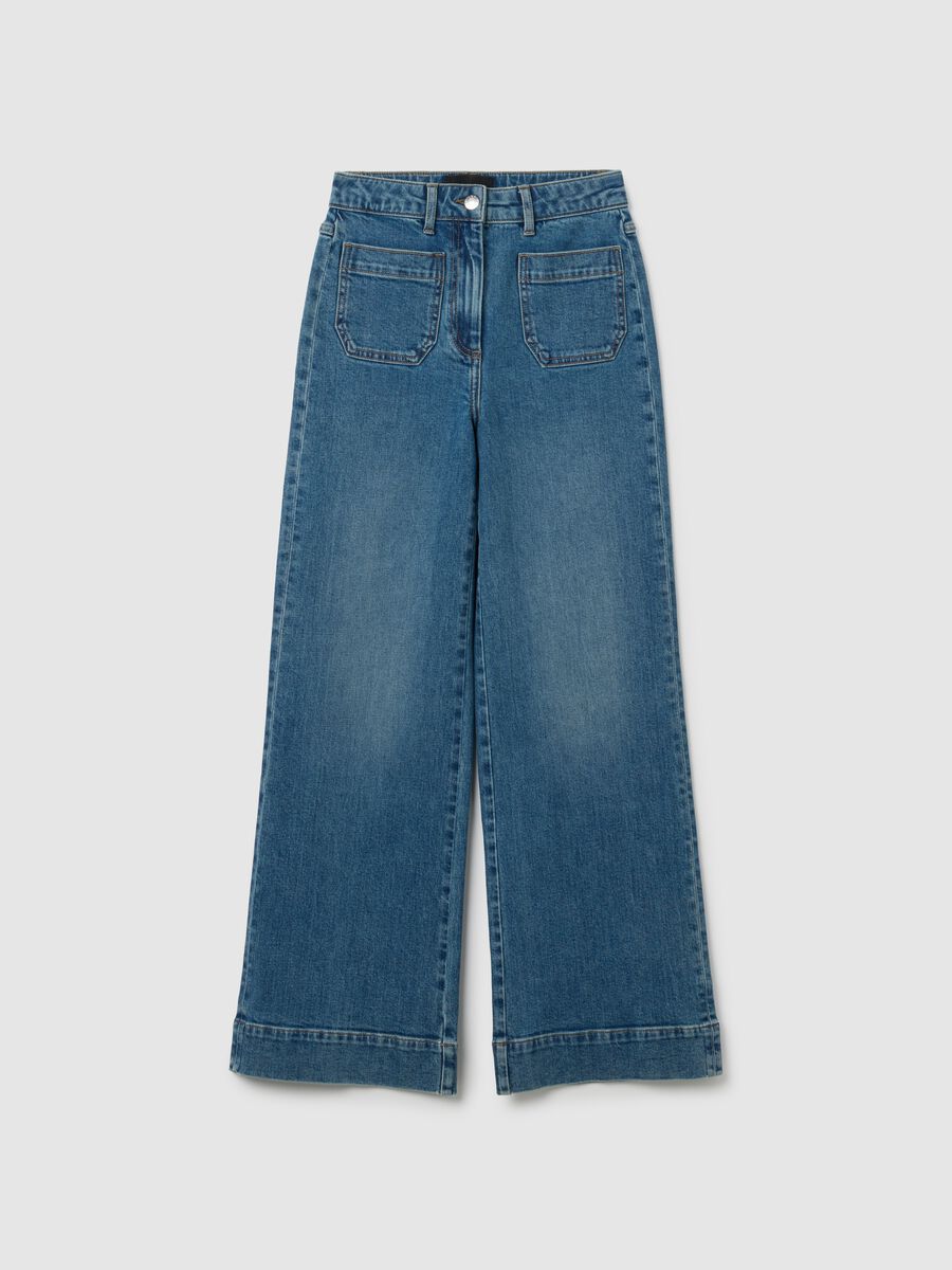 Blue stretchy denim wide leg trousers_4