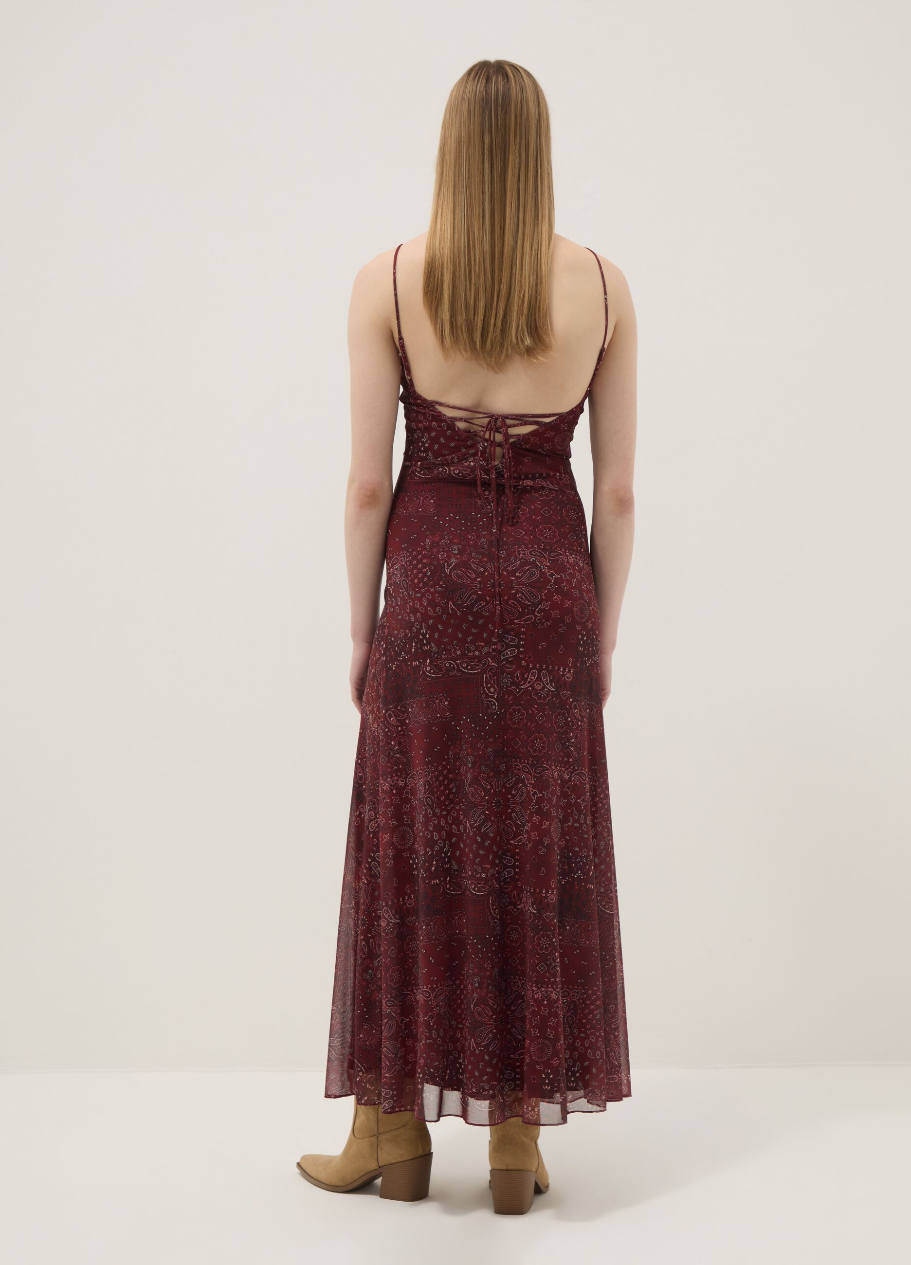 Red paisley stretch maxi dress with side slit