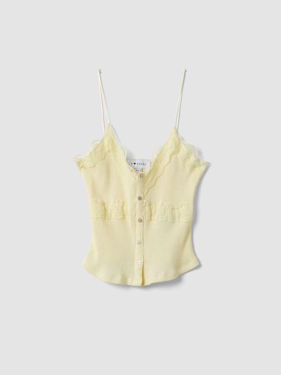 Yellow stretch cotton fitted lace top_0