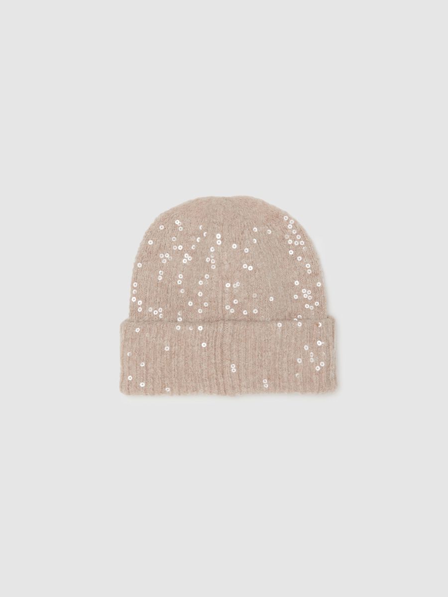 Beige jersey knit hat with sequins_1