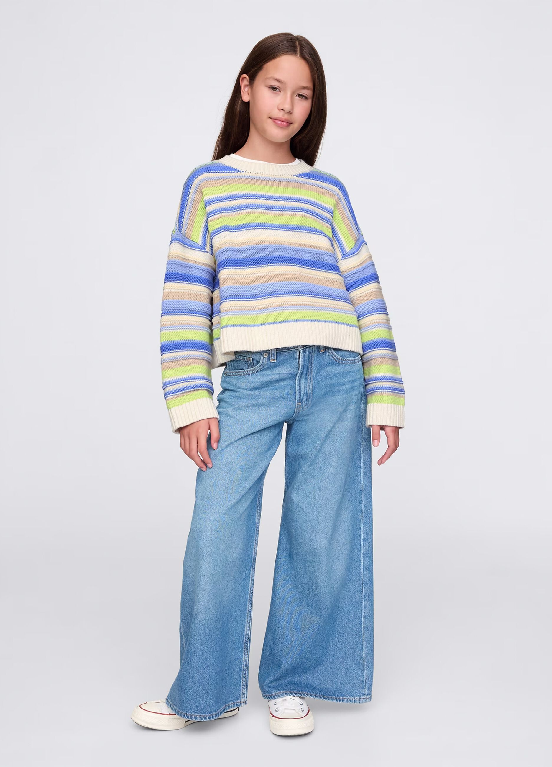 Green and light blue pullover in striped cotton
