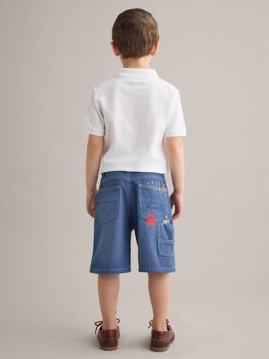 Blue denim cargo shorts in pure cotton for boys, baggy fit_1