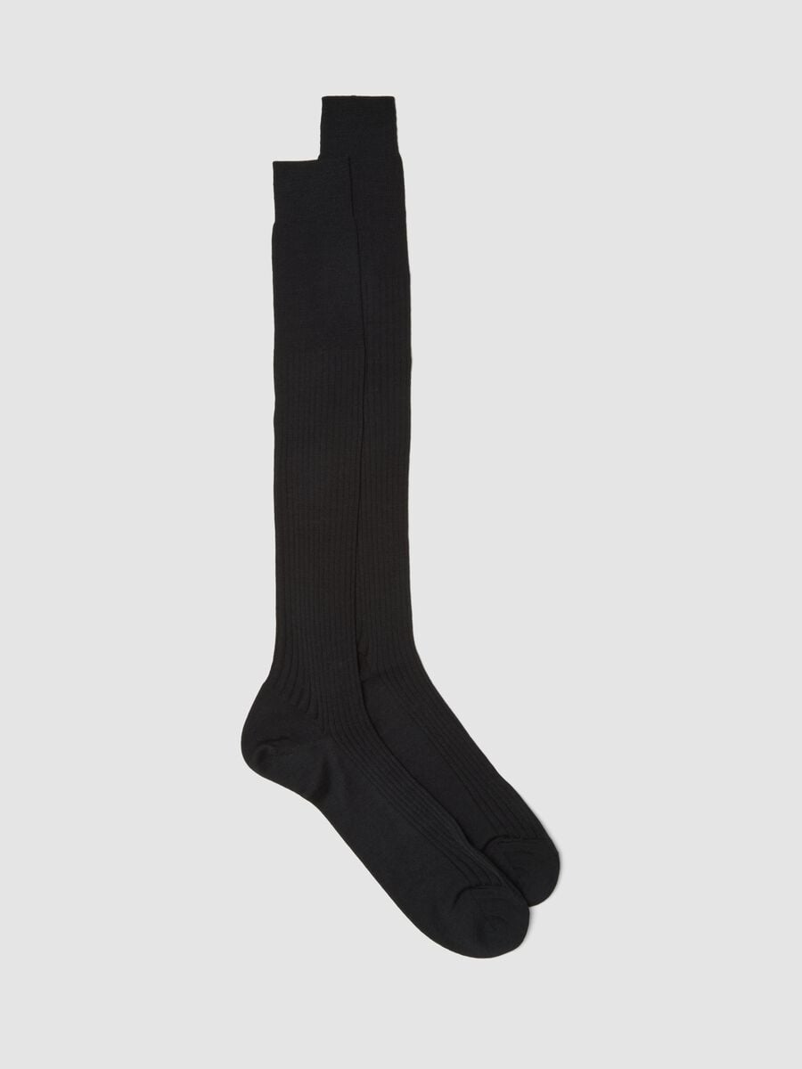 Black ribbed wool-blend knee-high socks_0