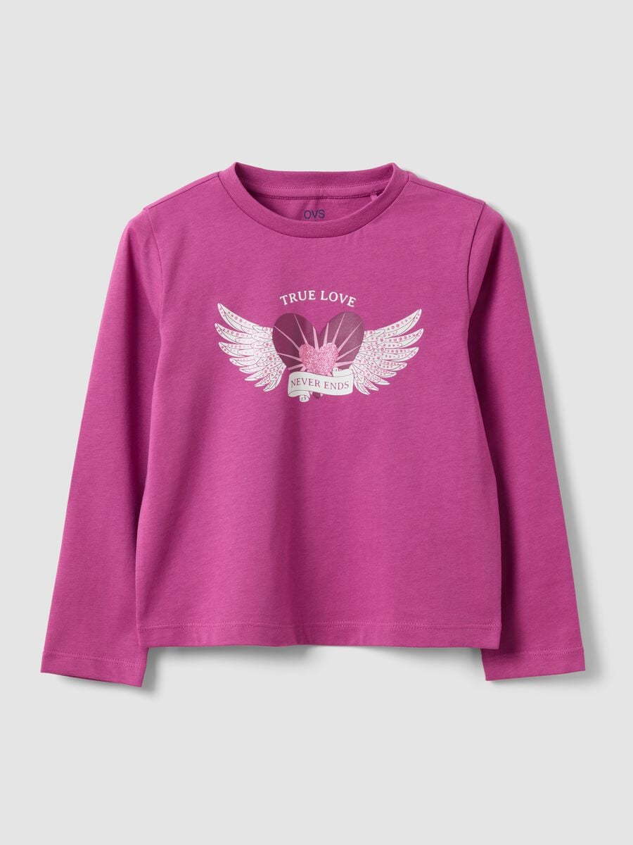 T-shirt viola in puro cotone organico con stampa cuore e ali per bambina_0