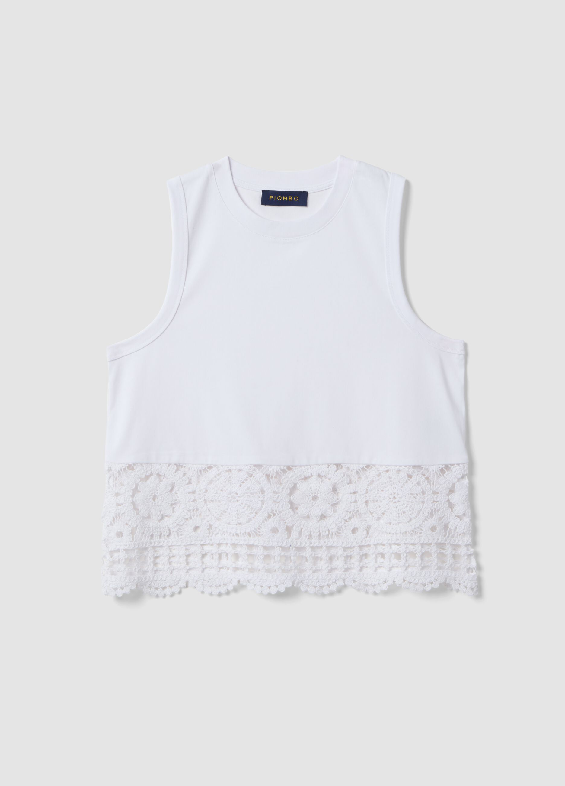 White cotton-blend vest top with lace detailing