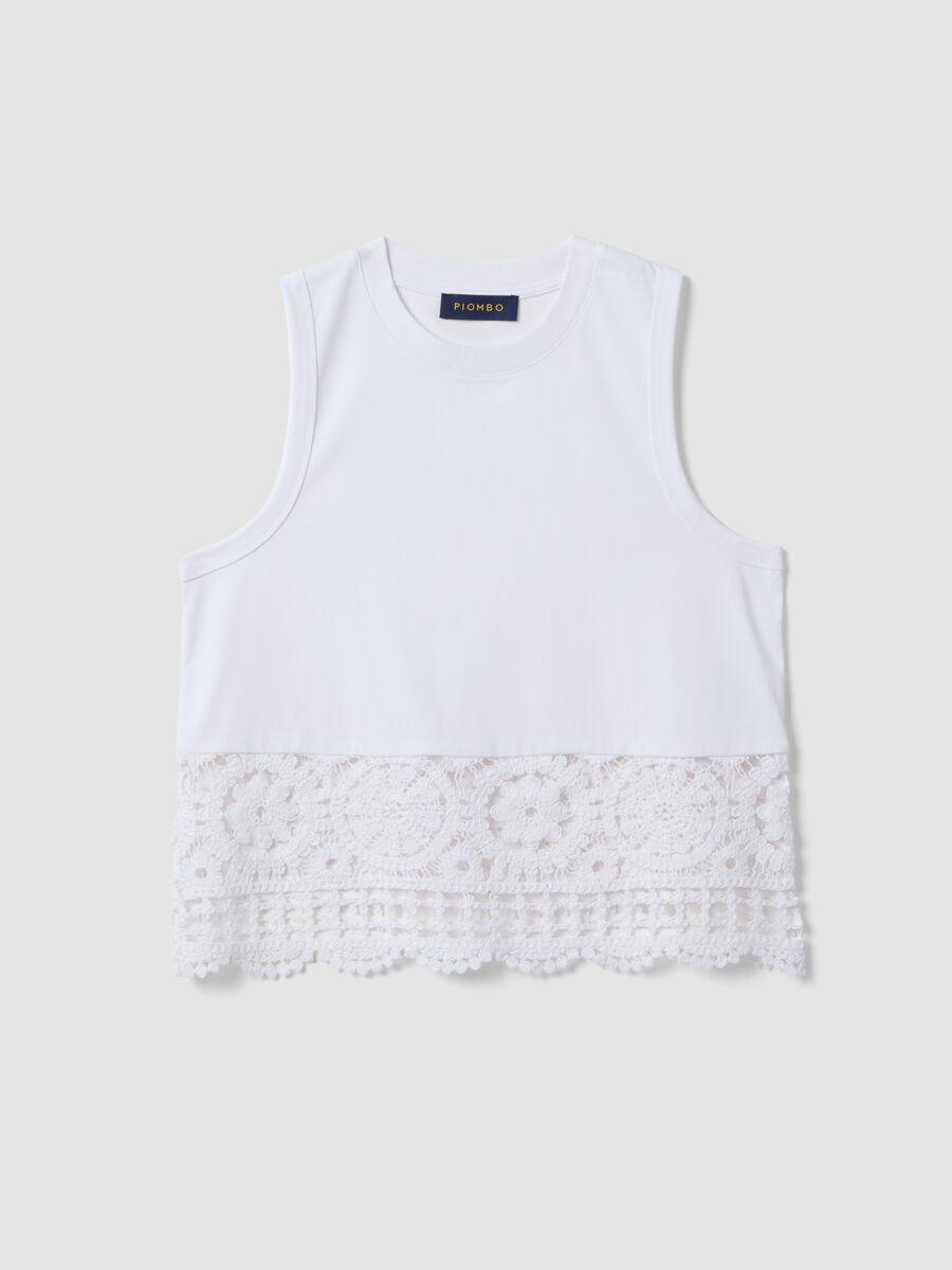 White cotton-blend vest top with lace detailing_4