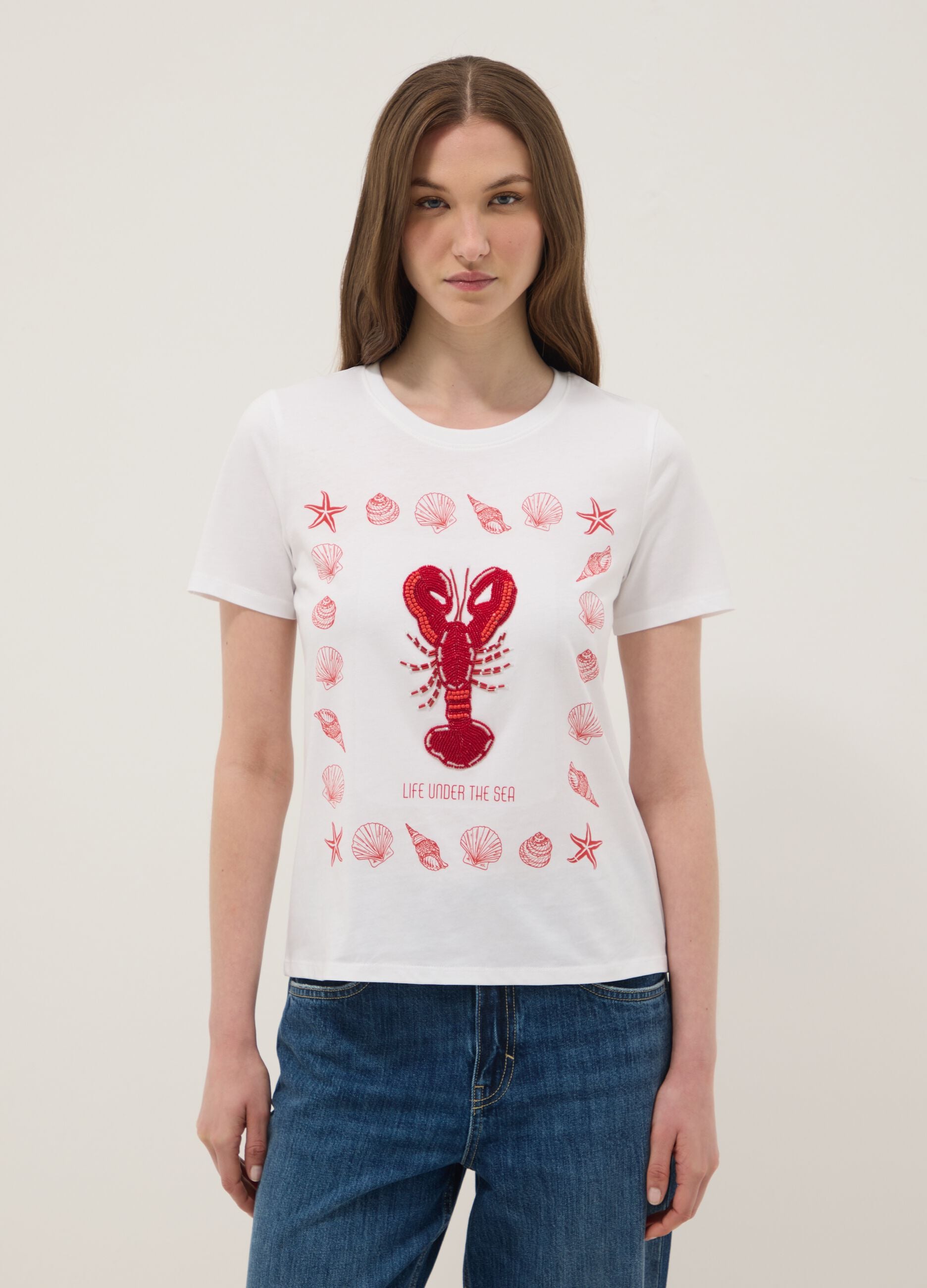 White pure cotton T-shirt with front print