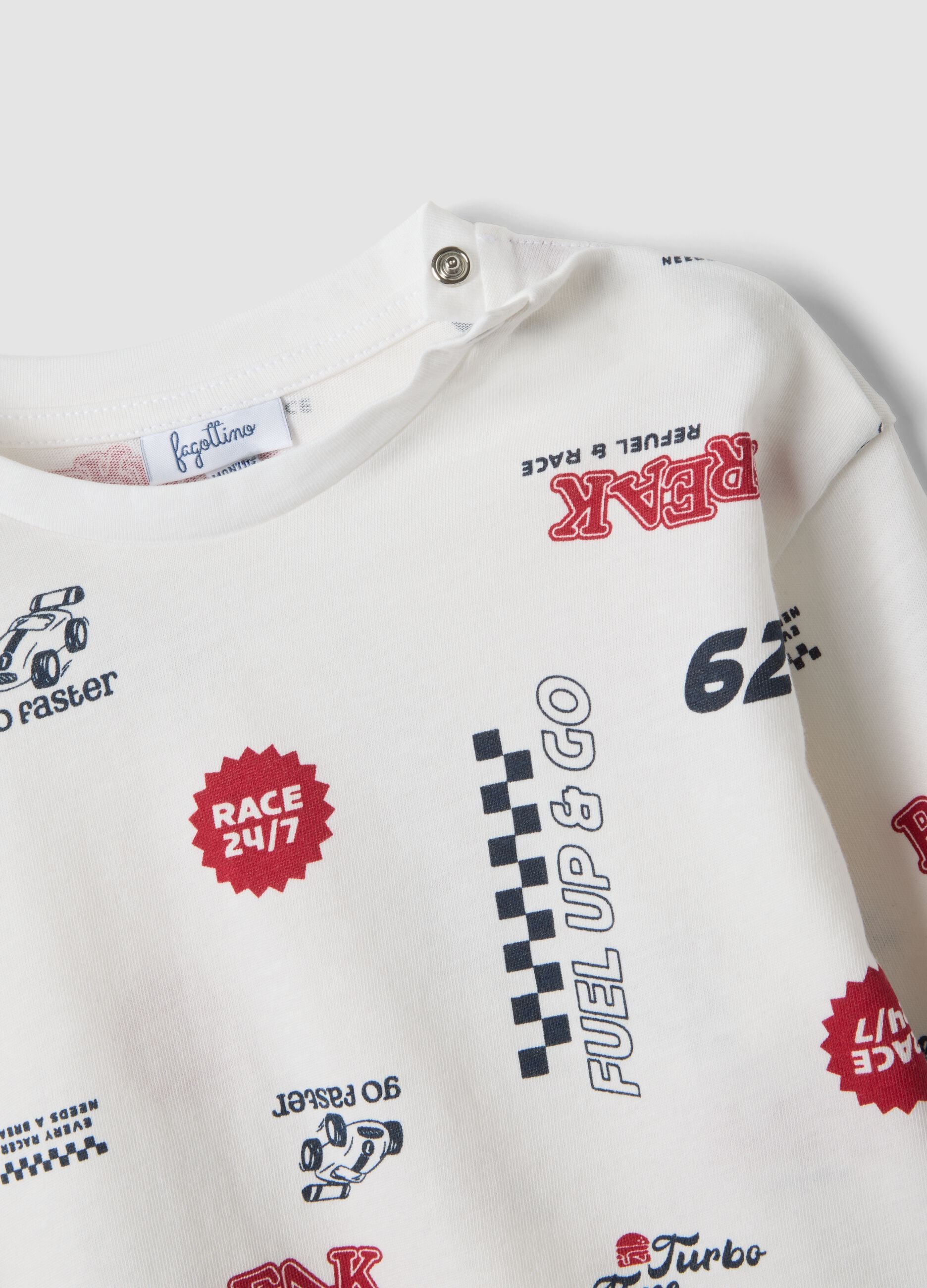 White pure organic cotton racing-print T-shirt for baby boy