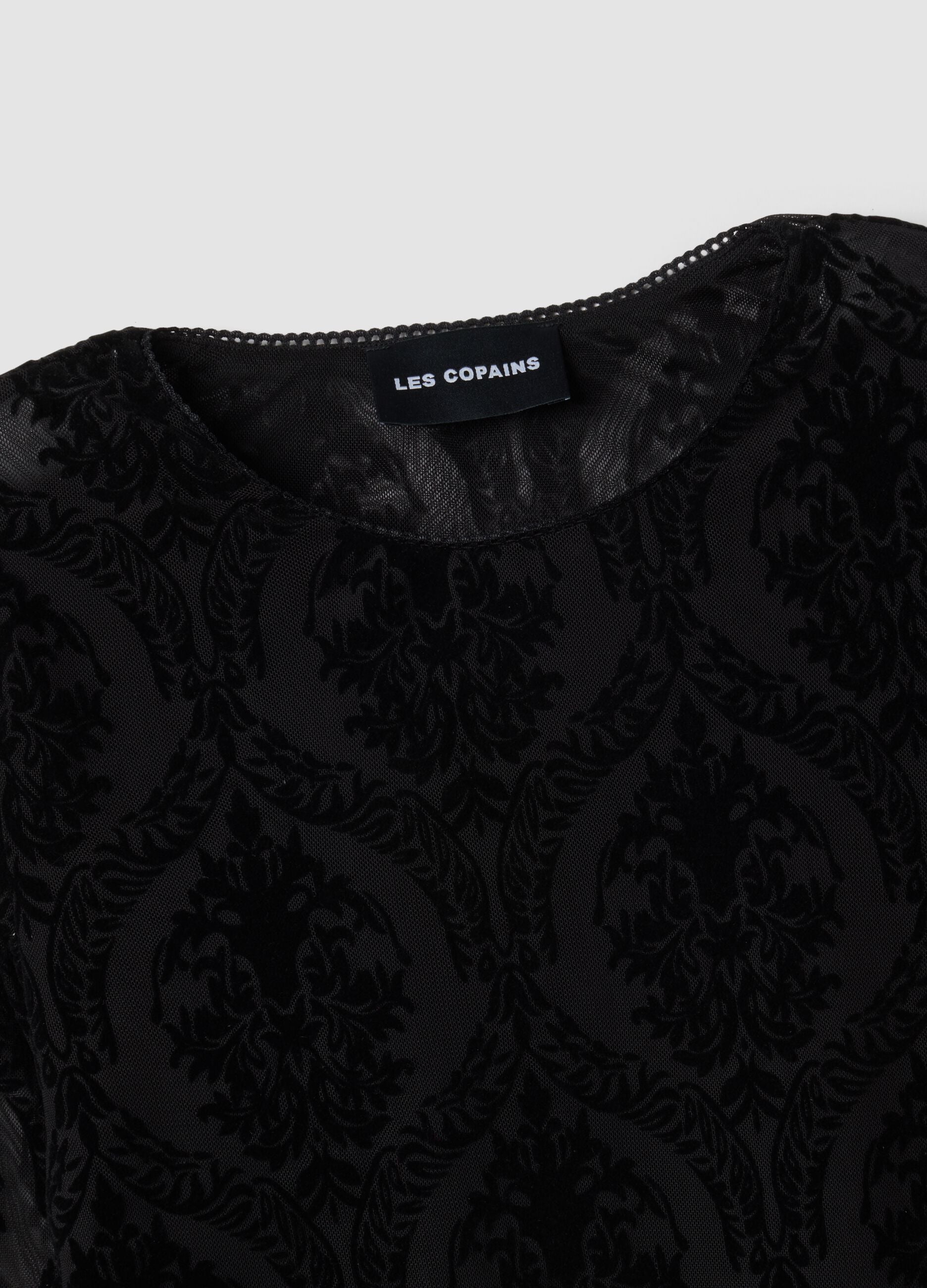 T-shirt nera in tessuto elasticizzato trasparente con fantasia regular fit