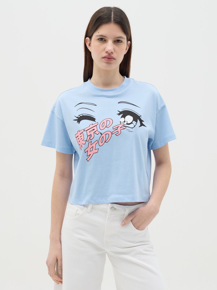 Light blue T-shirt in cotton with manga motif print_0