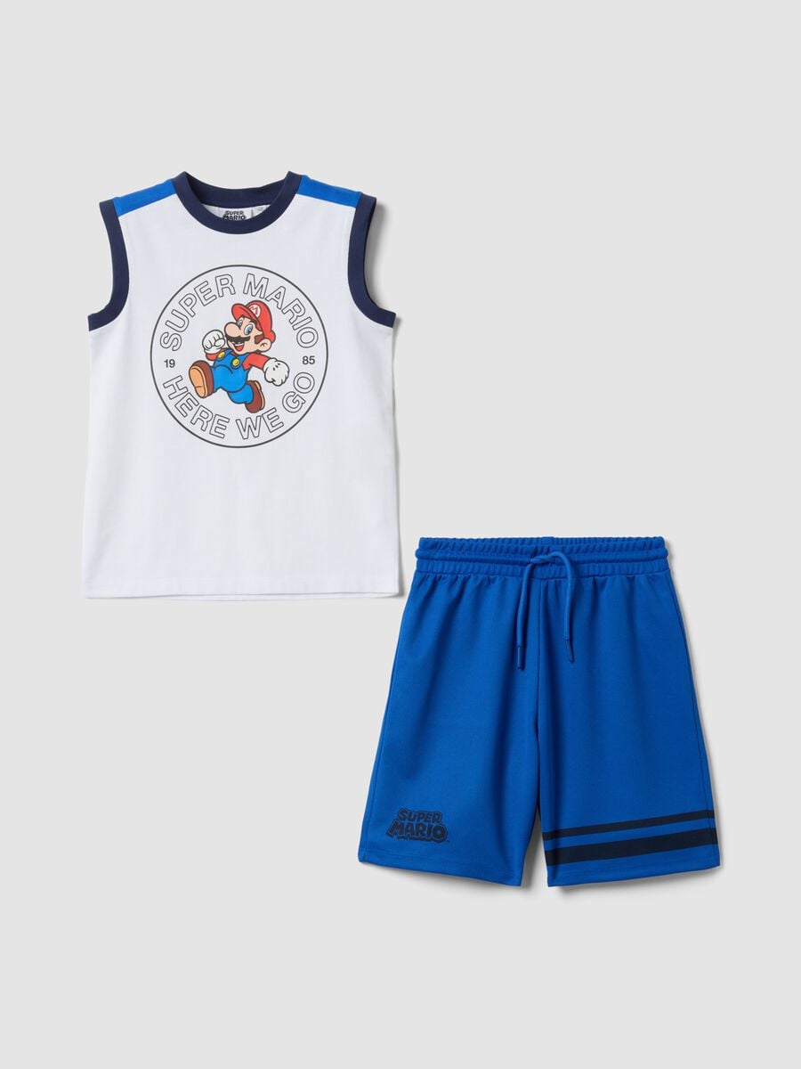 Completo blu e bianco in puro cotone con top e shorts_0
