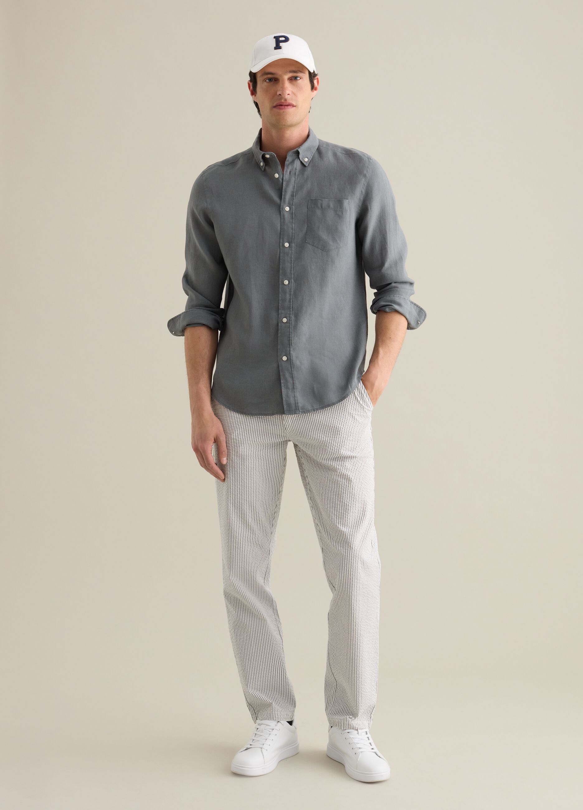 Seersucker chino trousers with white and grey stripes